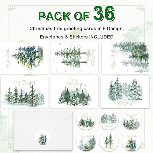 Miniatura 3 de JarThenaAMCS Paquete de 36 tarjetas de felicitación de Navidad, acuarela, árbol de Navidad, tarjetas con calcomanías, sobres, papel de aluminio,