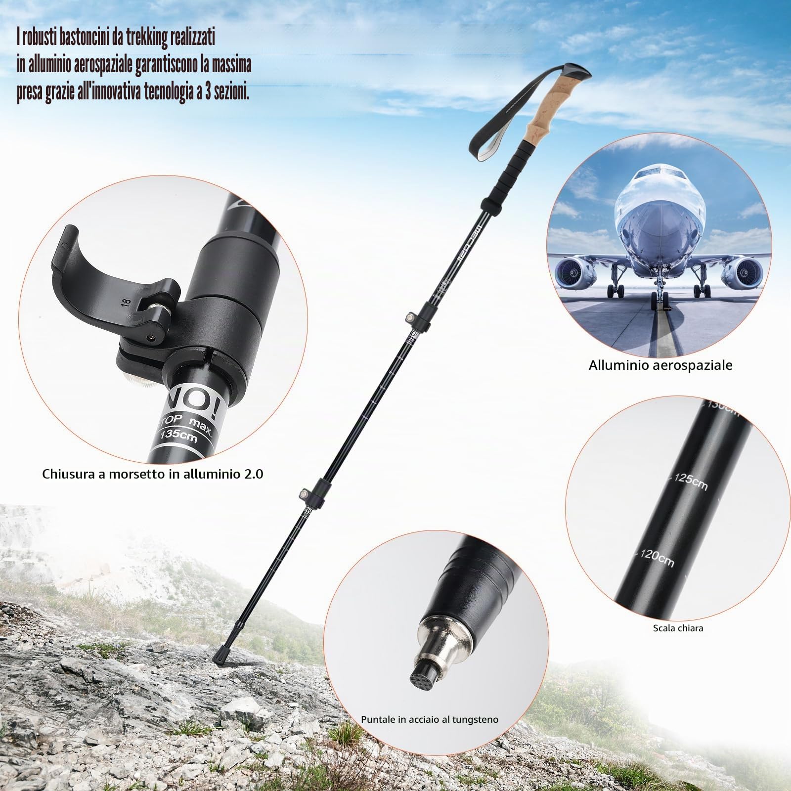 Bastoni da trekking/bastoncini da passeggio/da escursione-110-135 cm, pieghevole-regolabile-telescopico-per uomini e donne