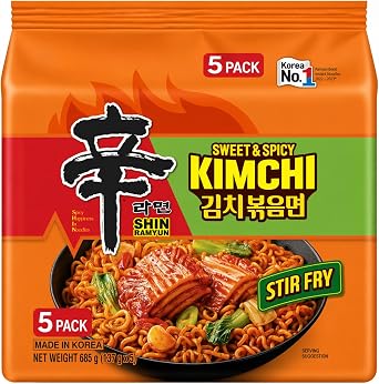 Shin Ramyun Kimchi Stir Fry Noodles Multipack 137g x 5 Pack   Korean Instant Noodles Sweet & Spicy Kimchi Ramen, Stir Fry Style Ramyun