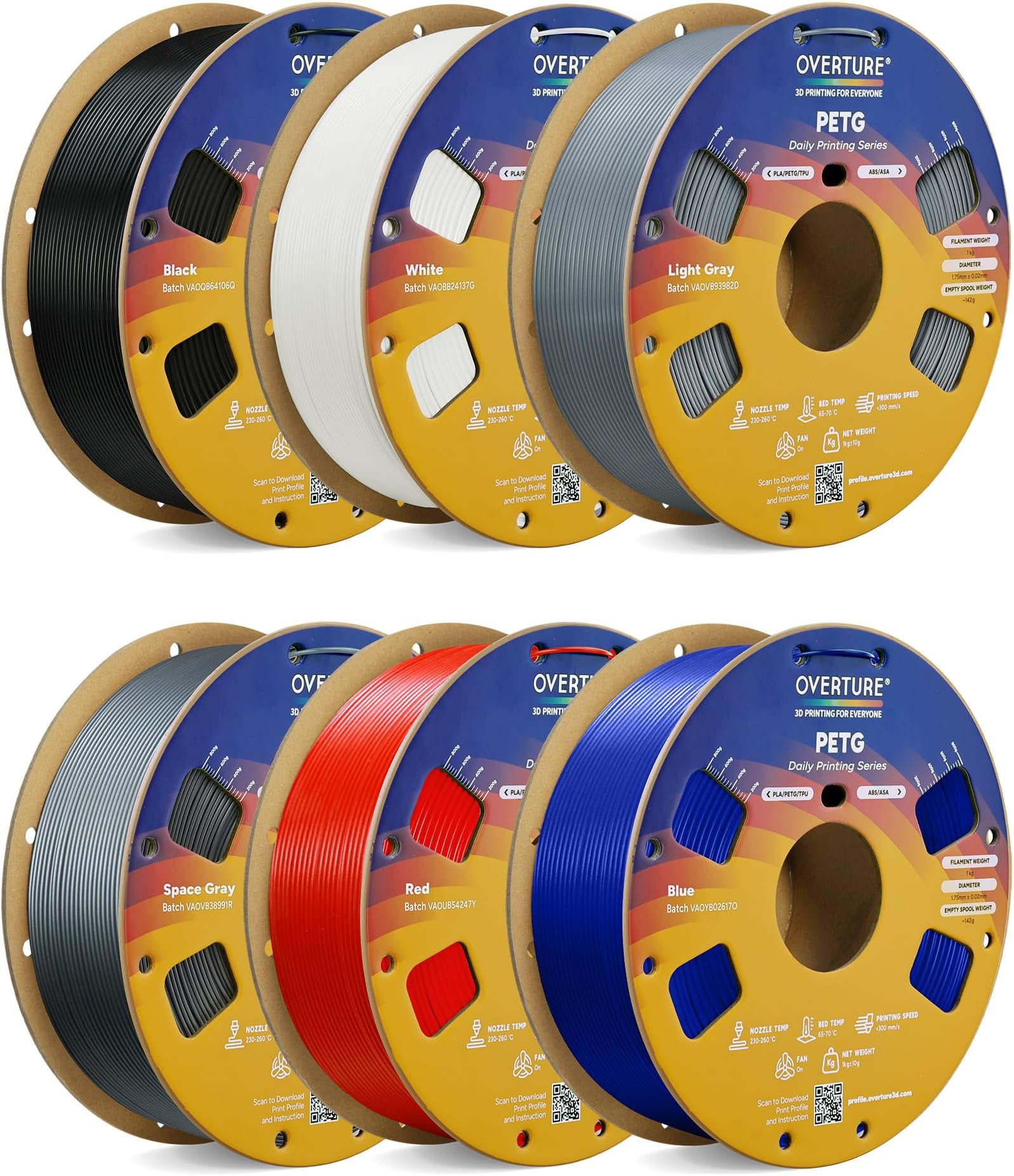 OVERTURE PETG Filament 1.75mm with 3D Build Surface 200 x 200 mm 3D Printer Consumables, 1kg Spool (2.2lbs), Dimensional Accuracy +/- 0.05 mm, Fit Most FDM Printer 1.75 mm Diameter, 1 Kg ( 2.2lb ) Spool 6 Color (6-Pack) OVPETG175