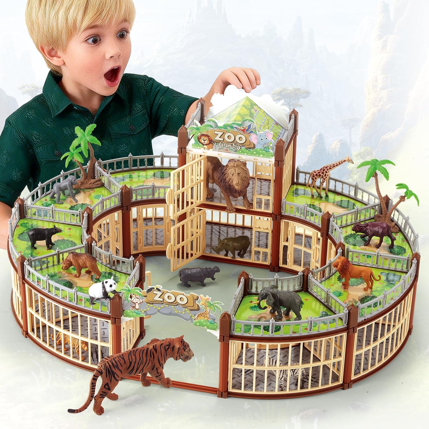 Complete 248PCS Animal Playground Set with 14 Realistic Wild Animals – Build Your Own Animal Park, Interactive Playset with Openable Fences & Battle Station, for Boys Girls Kids Toddlers 3-8