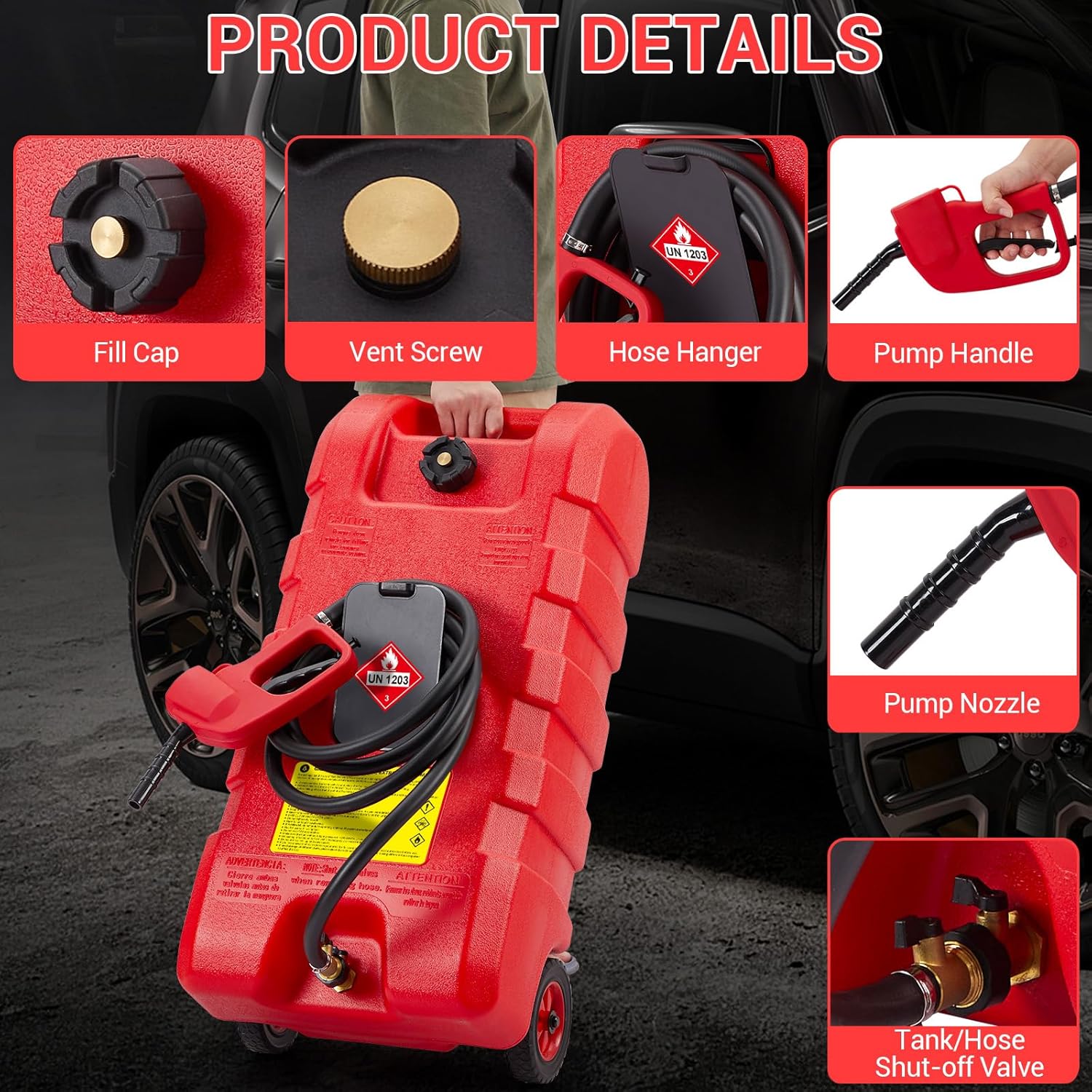 Fuel Caddy 15 Gallon with Manual Transfer Pump & 10 ft Hose, Fuel Transfer Tank, Leak-Proof Heavy Duty Gas Caddy for Cars, Boats, Lawn Mowers