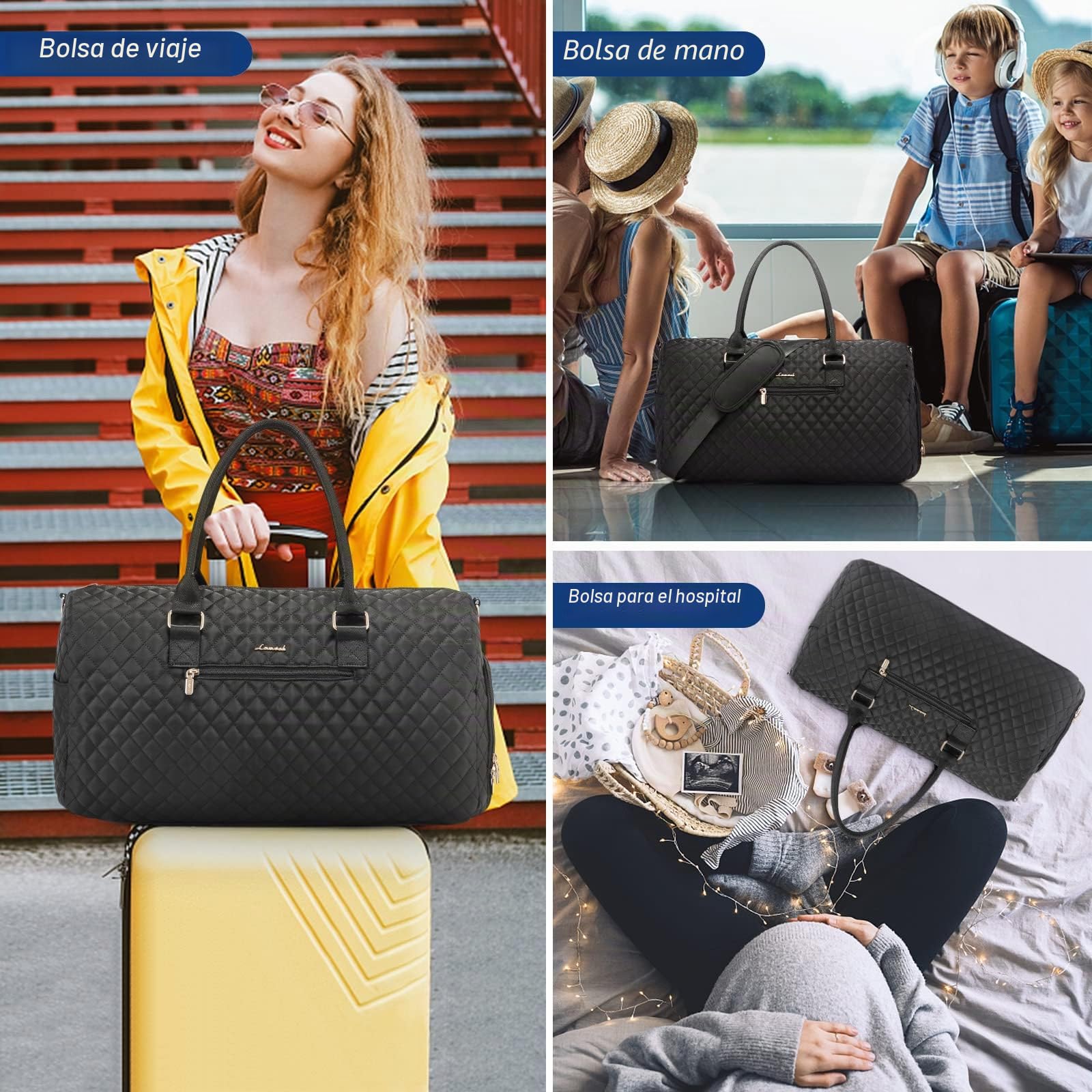 LOVEVOOK Gran bolsa de Viaje Mujer, Macuto de Deporte con Compartimento para Calzado, Travel Bag Fin de Semana, Impermeable Bolso Maternidad, Maleta Bebe Hospital, Garment Duffel Bag Negro