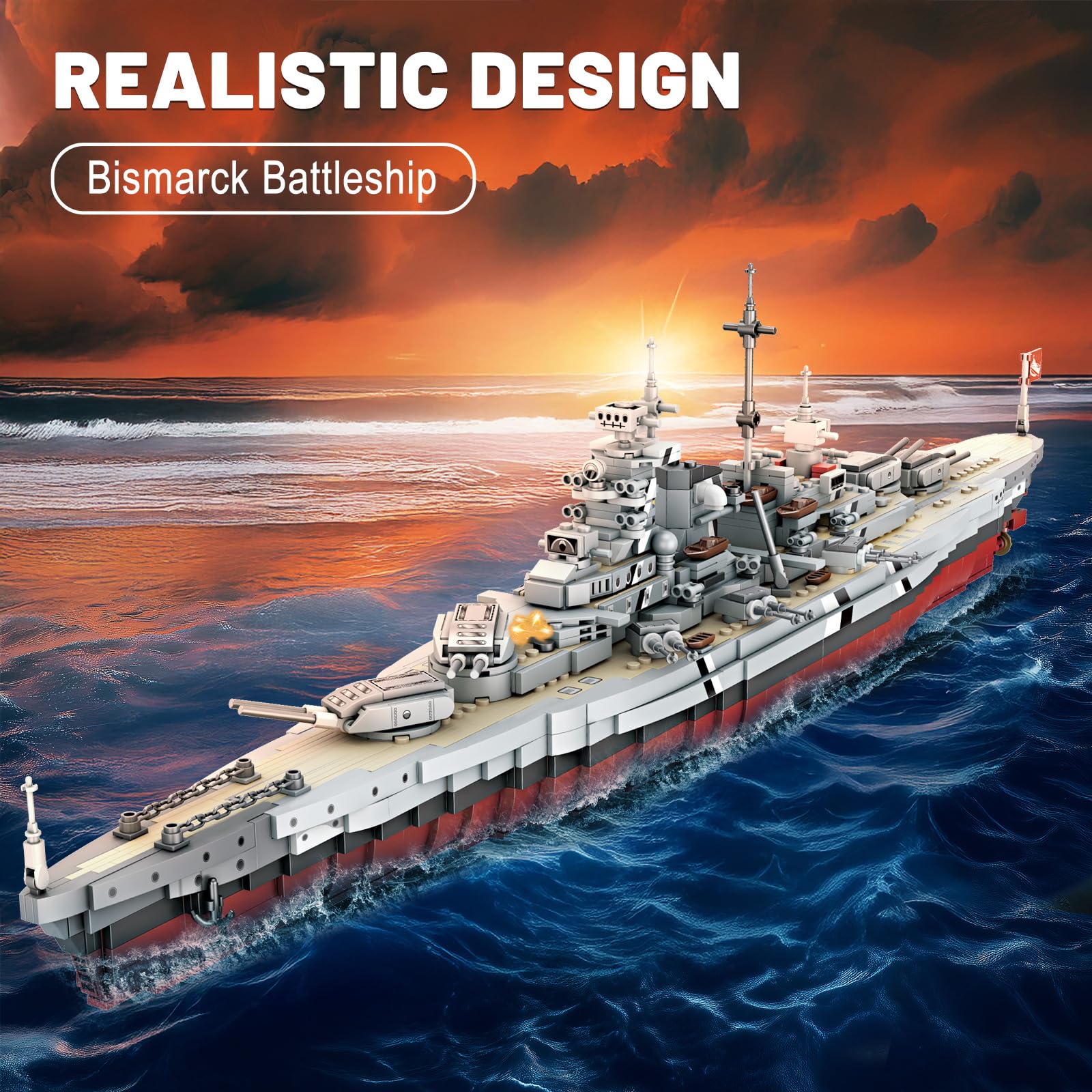 Brihappen Giocattolo militare con blocchi da costruzione, modello da esposizione della nave da guerra Bismarck della Seconda Guerra Mondiale, regalo per ragazzi e uomini adulti (2081 pezzi)