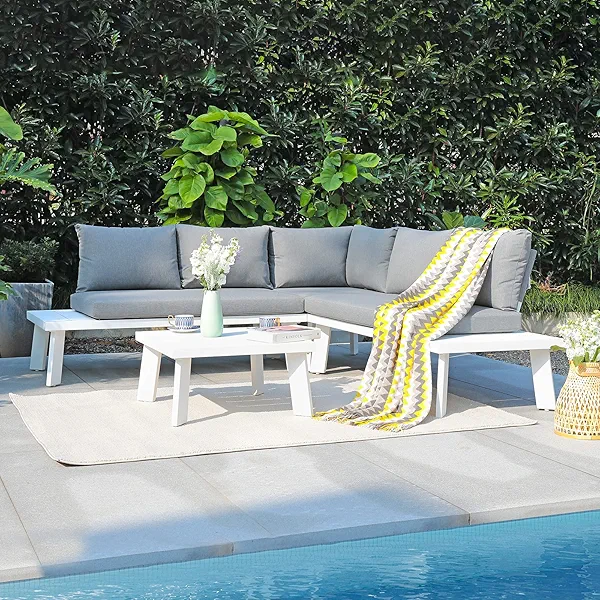 Soleil Jardin 4-Piece Outdoor Patio Furniture Set L-Shaped Aluminum Sectional Sofa with Coffee Table All-Weather Patio Conversation Set with Cushions, White
