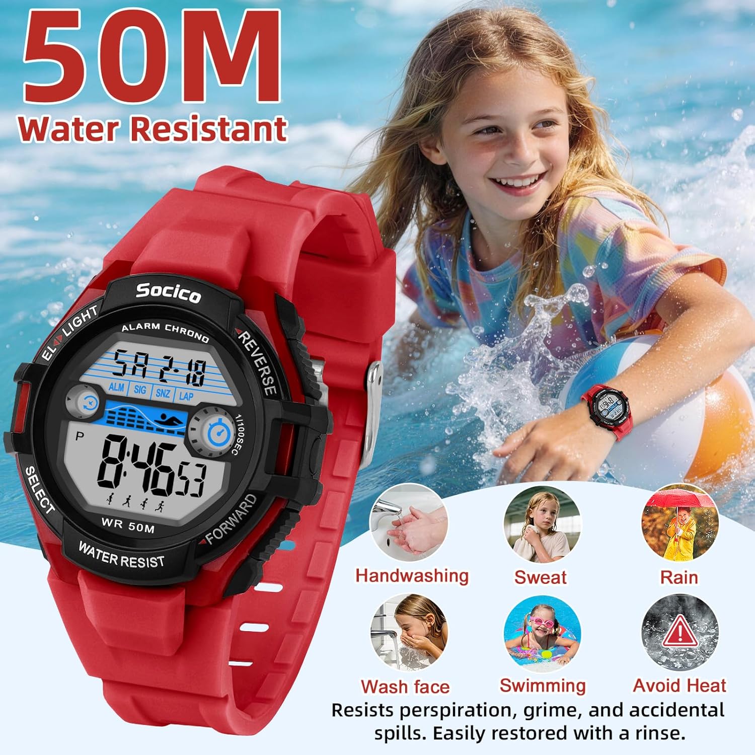 SOCICO Kids Digital Watches for Boys Teen Girls, 7 Color Lights Waterproof Sports Watch for Kids with Stopwatch Alarm, Great Present for Girls Ages 5-18 Teenagers