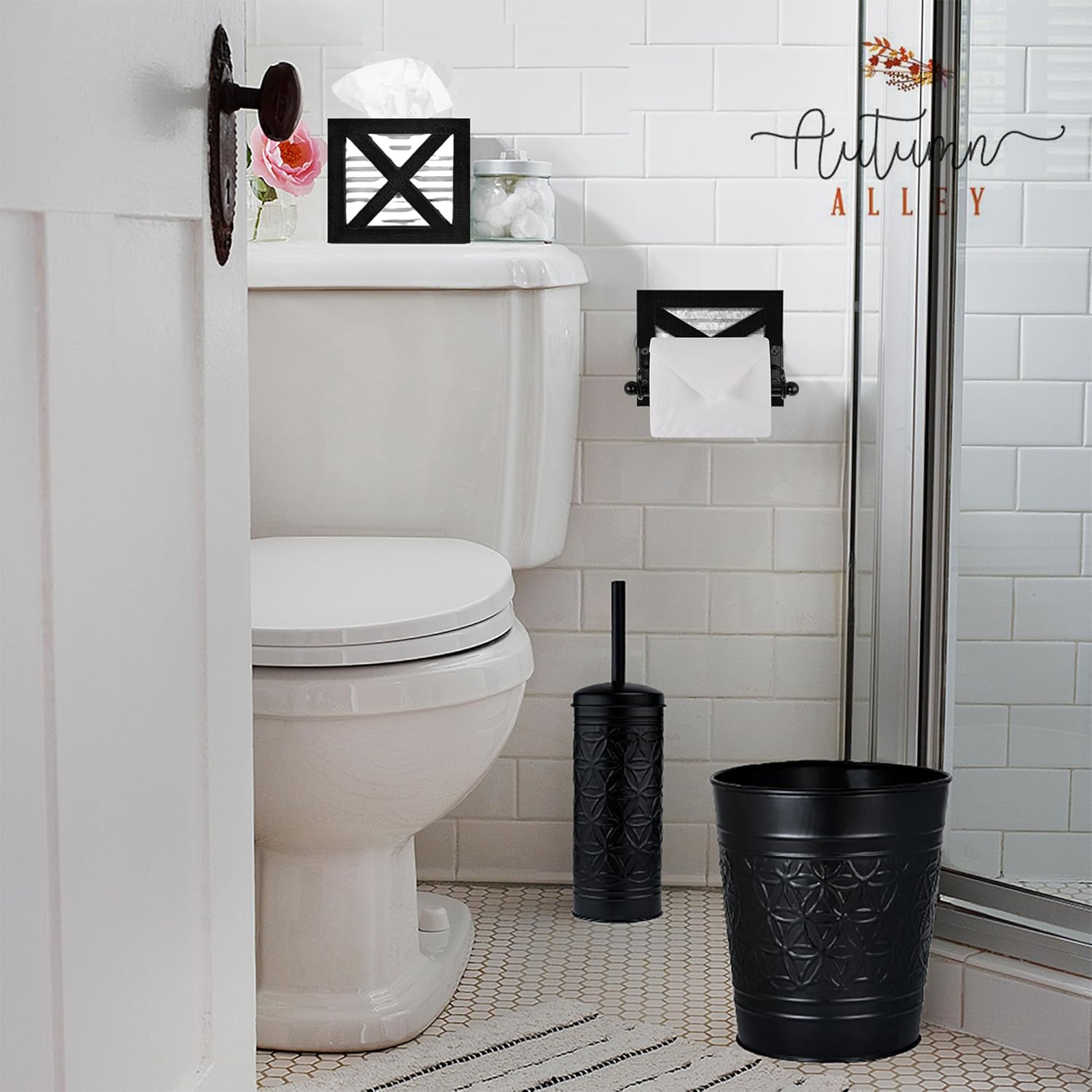 Autumn Alley Black Farmhouse Bathroom Accessories Set - Rustic Toilet Paper Holder and Barn Door Tissue Box Cover in Galvanized Metal and Black Wood - Country Farmhouse Bathroom Décor