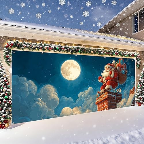 Miniatura 3 de Pancarta de Papá Noel en chimenea de 7 x 16 pies para puerta de garaje  Decoración navideña al aire libre, Papá Noel con saco de regalos bajo luna