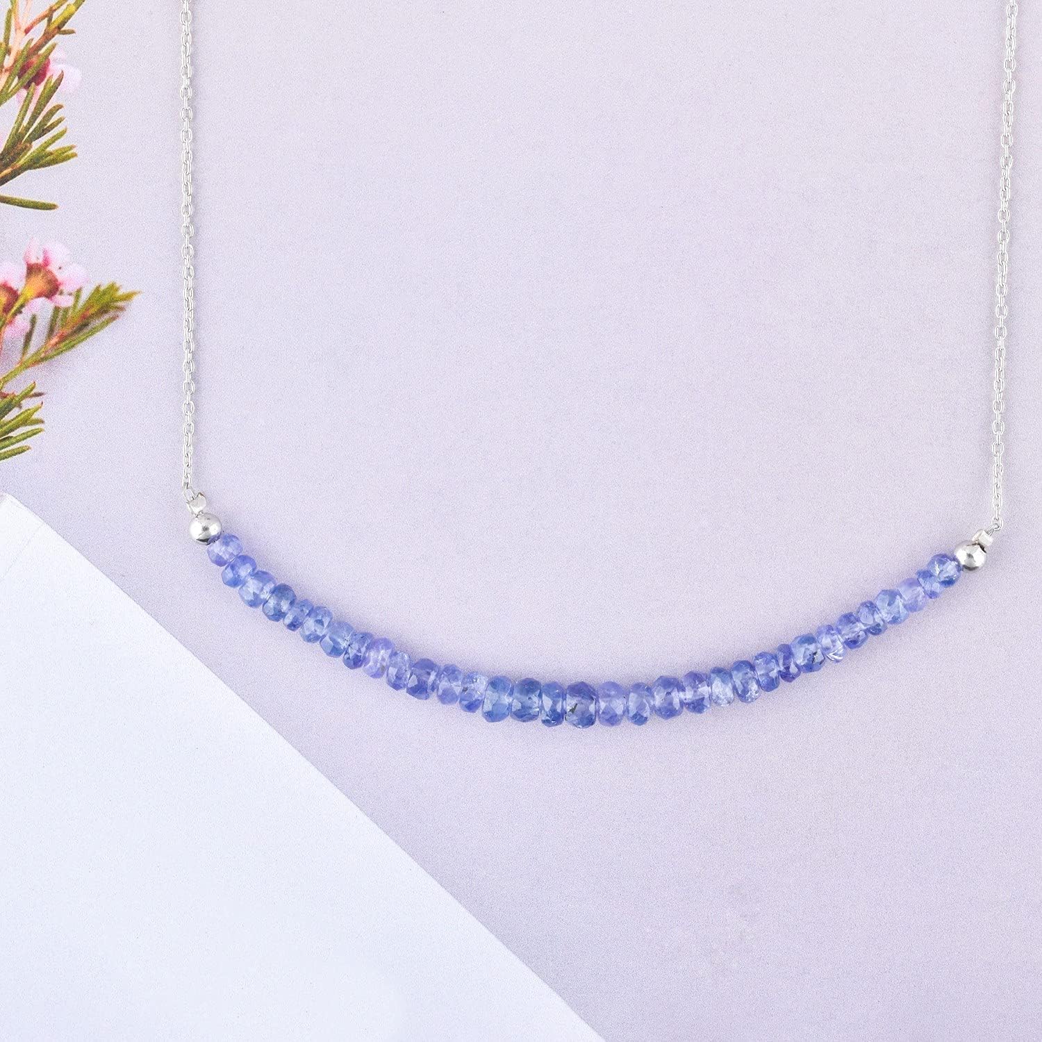 Genuine Blue Tanzanite Gemstone Beaded Bar Necklace, 925 Sterling Silver, Faceted Beads, Handmade, Healing Crystals, December Birthstones. Adjustable, Rhodium Plated, Jewelry for Women, 18 inch - Image 3
