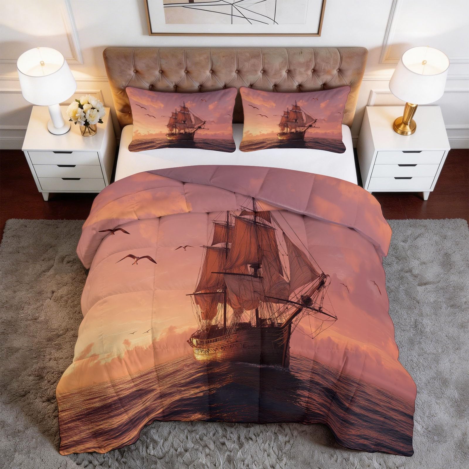 Genérico Komfortowa kołdra 220 x 240 cm styl żeglarski zwierzęta mewy żaglówki Edredon nadruk z wypełnieniem z włókna, nordycka zimowa miękka, lekka, dwustronna i oddychająca, różowa