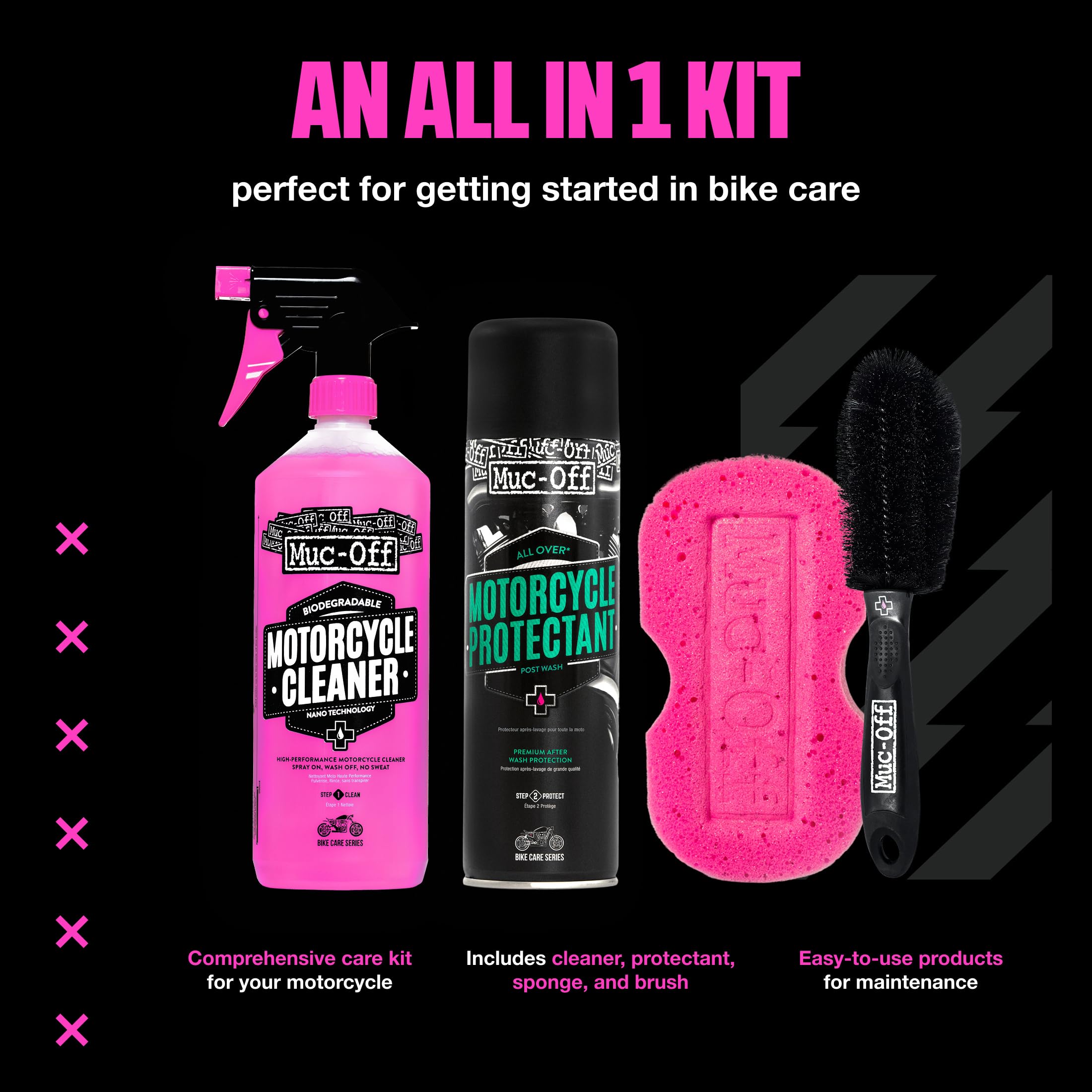 Muc-Off Kit de limpieza de Motos - Imprescindibles para Limpieza y Mantenimiento - Incluye Limpiador de Motos, Protector de Moto y Más
