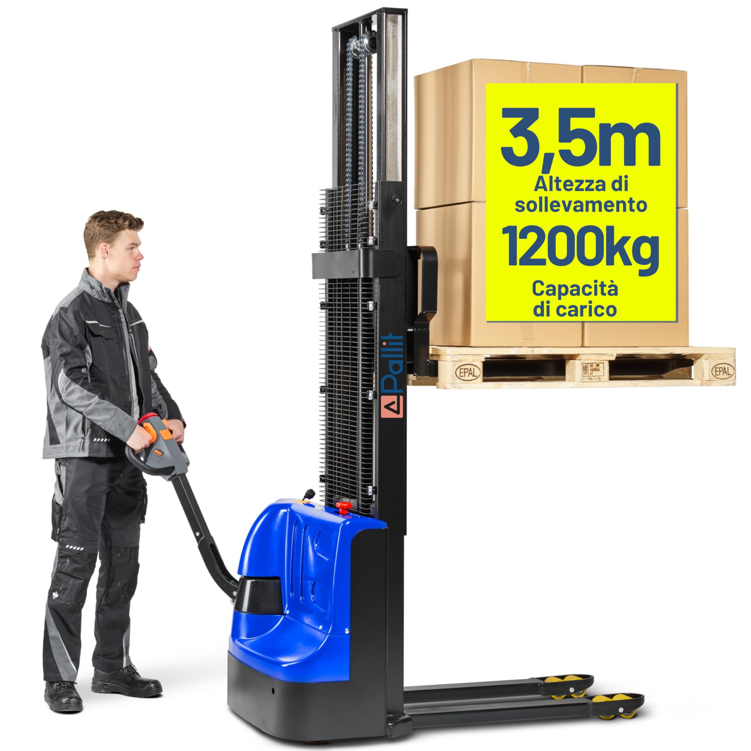 Pallit Carrello elevatore elettrico BUDGET-L | altezza di sollevamento 3500 mm | portata 1200 kg | incl. 2 batterie