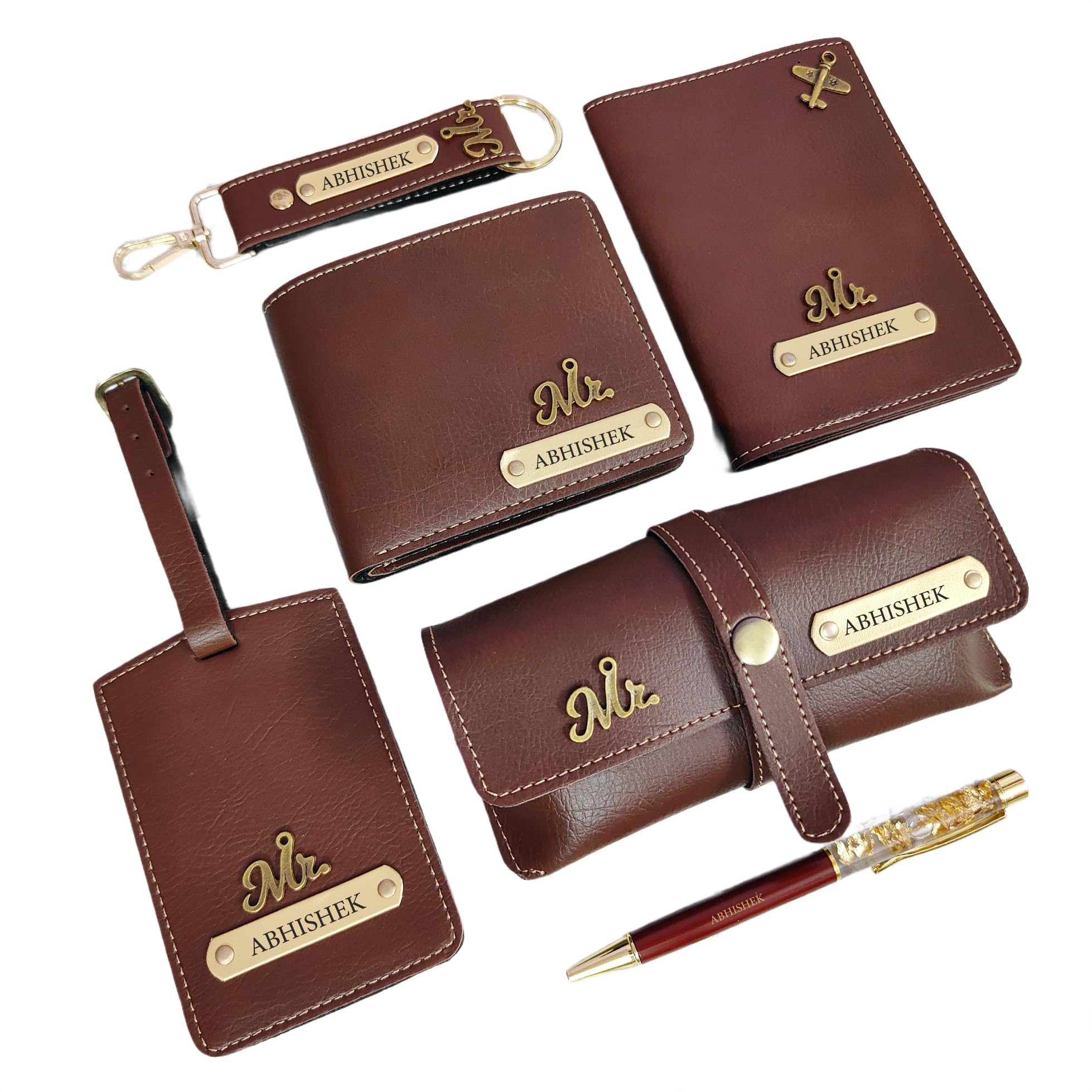 Personalized Gift Set for Men | Custom Leather Wallet, Passport Cover, Eyewear Case, Keychain & Engraved Pen | 6-in-1 Premium Combo (Brown)-image-36