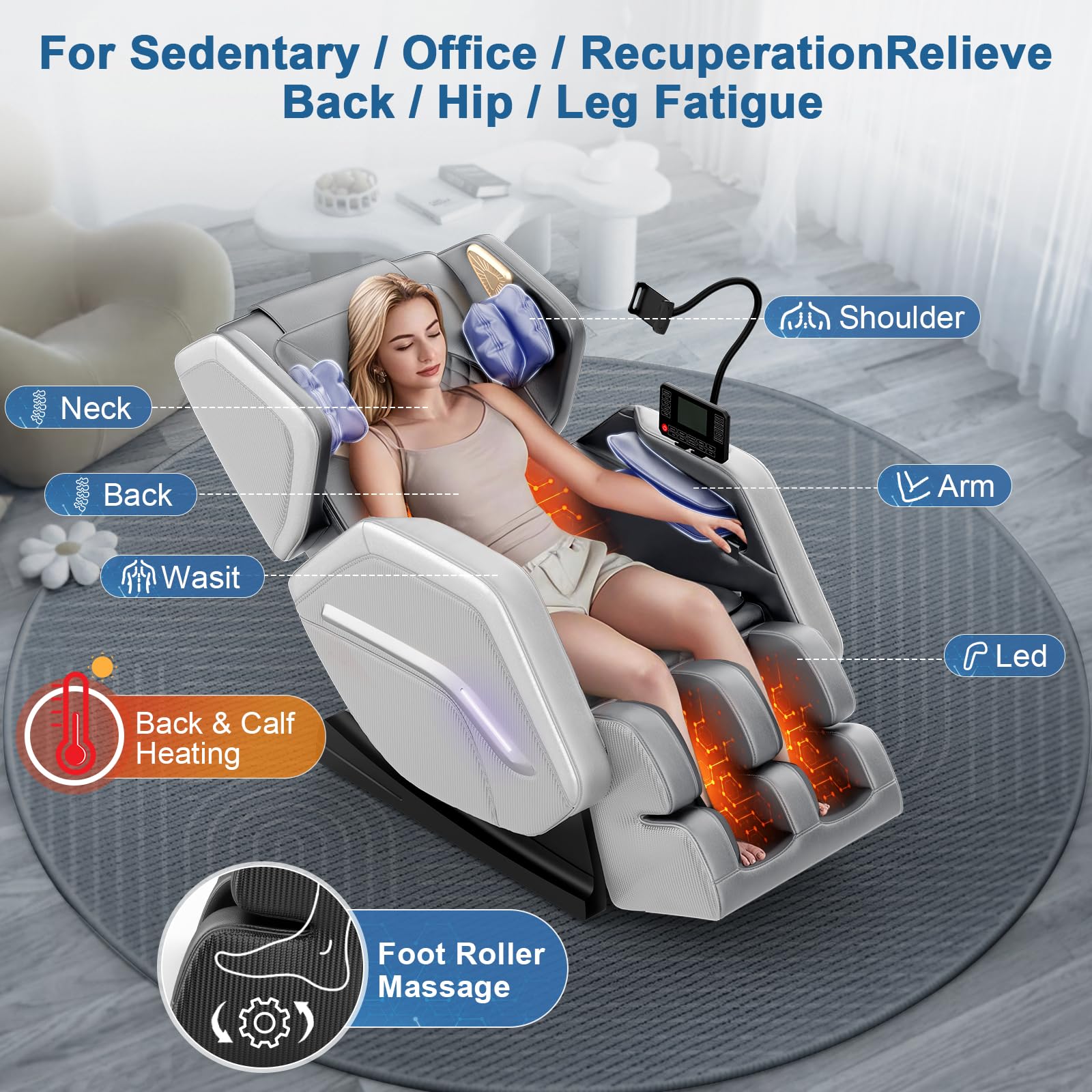 Sillón de Masaje, sillón reclinable de Cuerpo Completo con 14 Rodillos, 8 Bolsas de Aire, función de calefacción, Masaje de pies, Altavoz Bluetooth, Control Remoto táctil