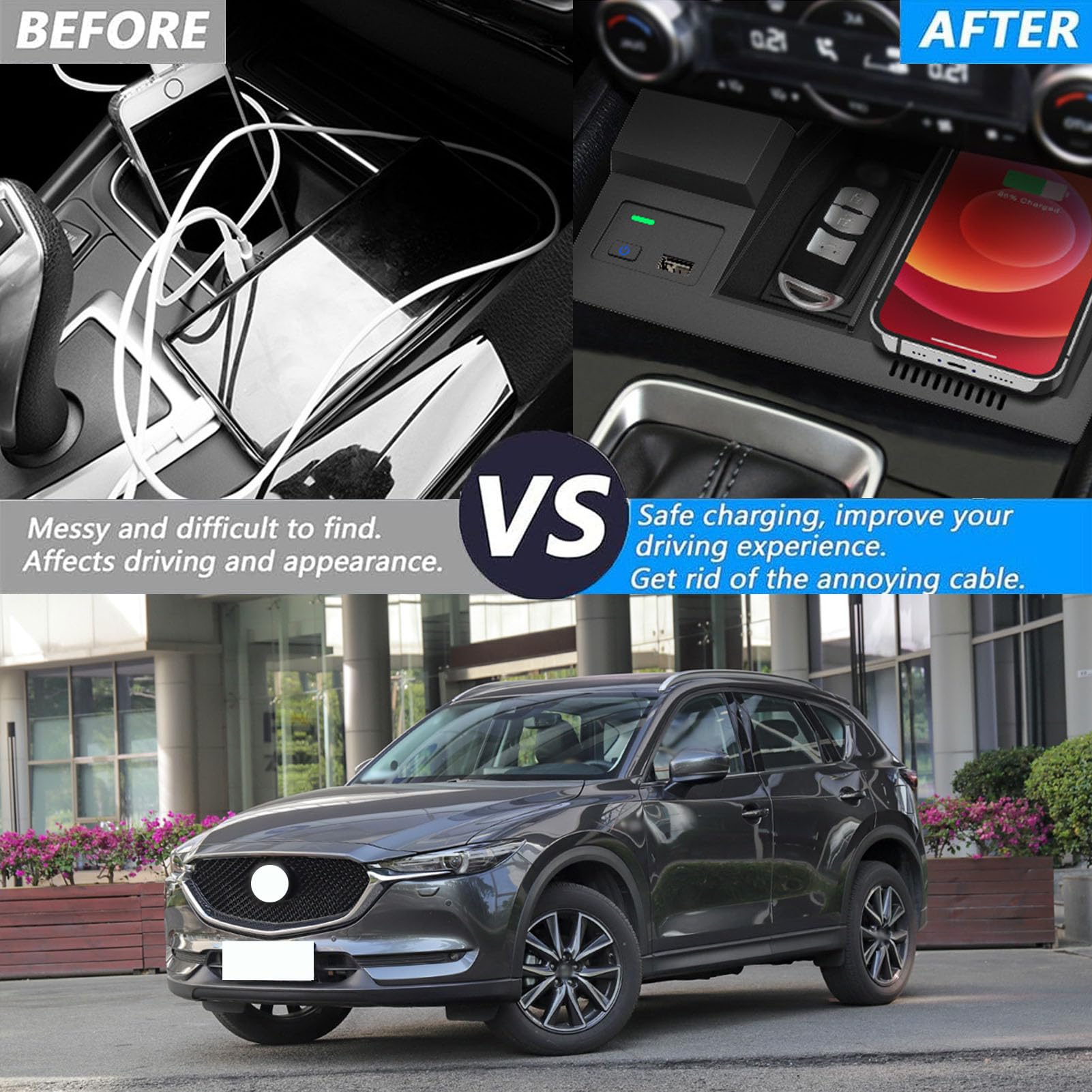 Caricabatterie Wireless per Auto per Tutti i Modelli Cx-5 Accessorio con 15 W Wireless e USB Qc3.0 Ricarica Rapida Regalo per la Famiglia