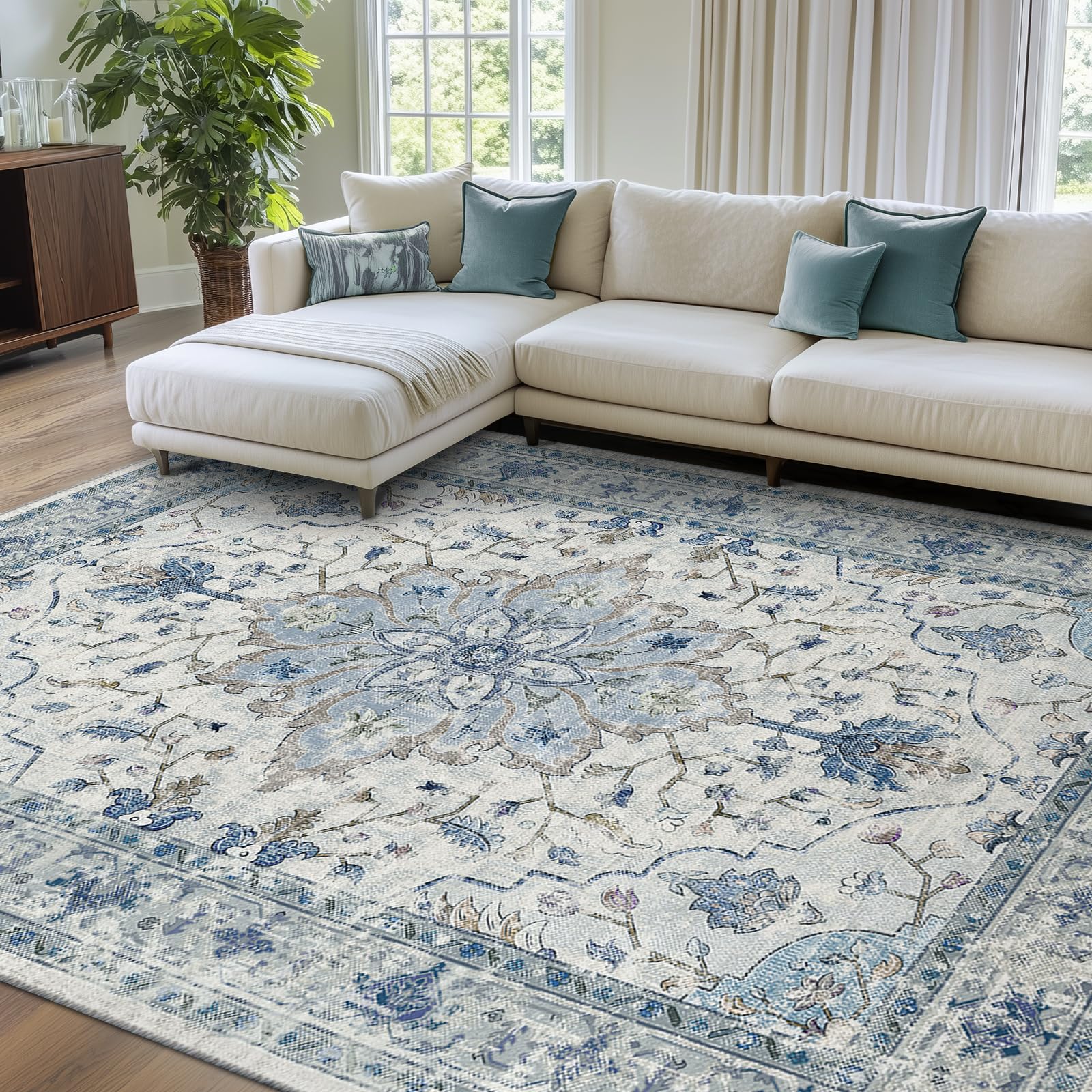 Area Rugs 8'x10' Washable Non-Slip, Floral Vintage Distress Print Pattern Medallion Carpet for Living Room Bedroom Dining Room, Light Blue Navy Beige Gray White