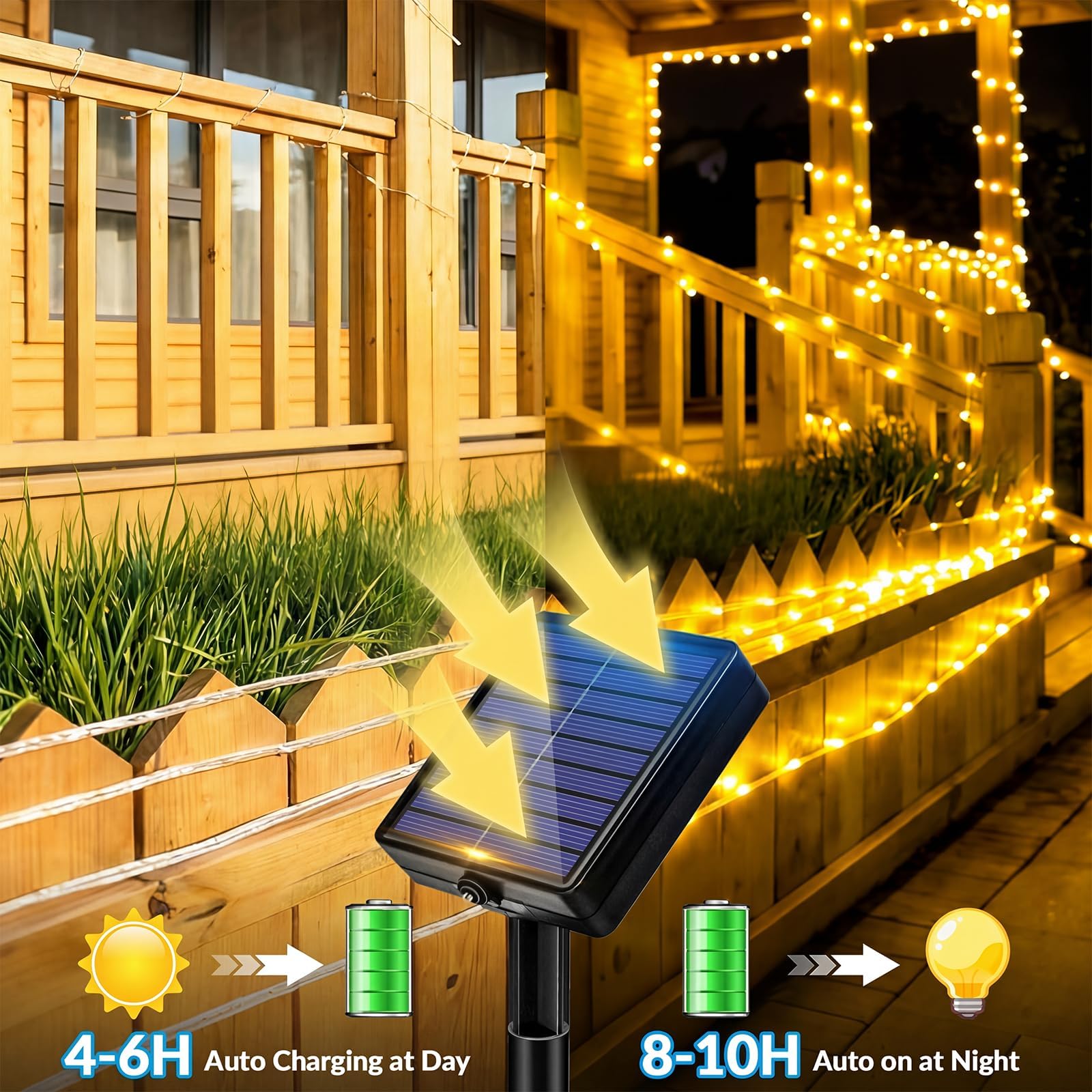 Solar-Lichterkette, 100 LEDs, IP65 wasserdicht, hell, langlebig, Solar-Lichterkette mit 8 Beleuchtungsmodi für Deck, Zaun, Terrasse, Garten, Urlaub, Baumdekoration, Warmweiß, 2 Stück