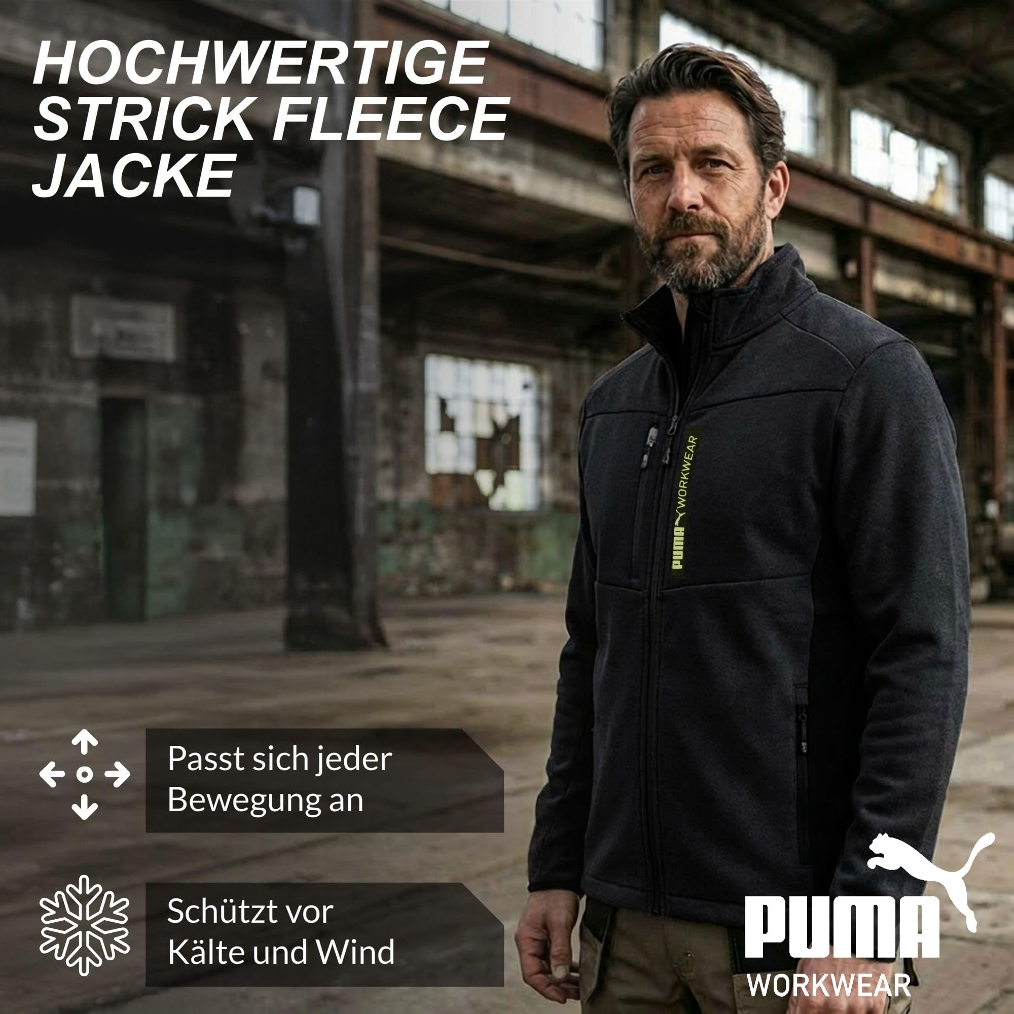 PUMA Workwear Fleecejacke Herren - Stehkragen - Verlängertes Rückenteil - Stifttasche am rechten Oberarm - 6 Taschen - Zwei Brust und Seitentaschen - Zwei große Innentaschen
