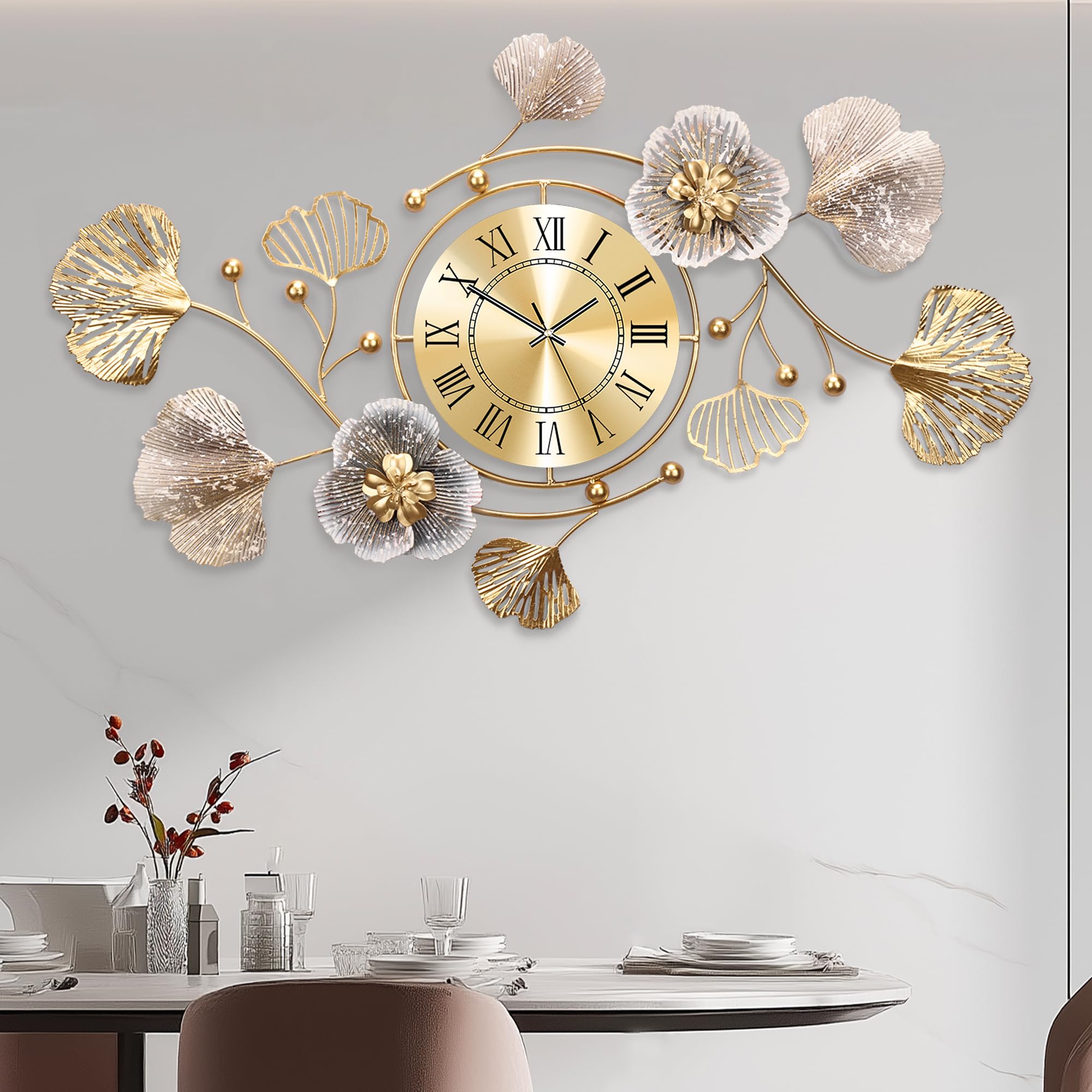 Photo 1 of JXQXYN Clocks for Living Room, Large Wall Clock, 3D Silent Wall Clock, Retro Metal Ginkgo Leaf Design, for Bedroom Kitchen Decorative Wall Clocks?32''x18'' ?