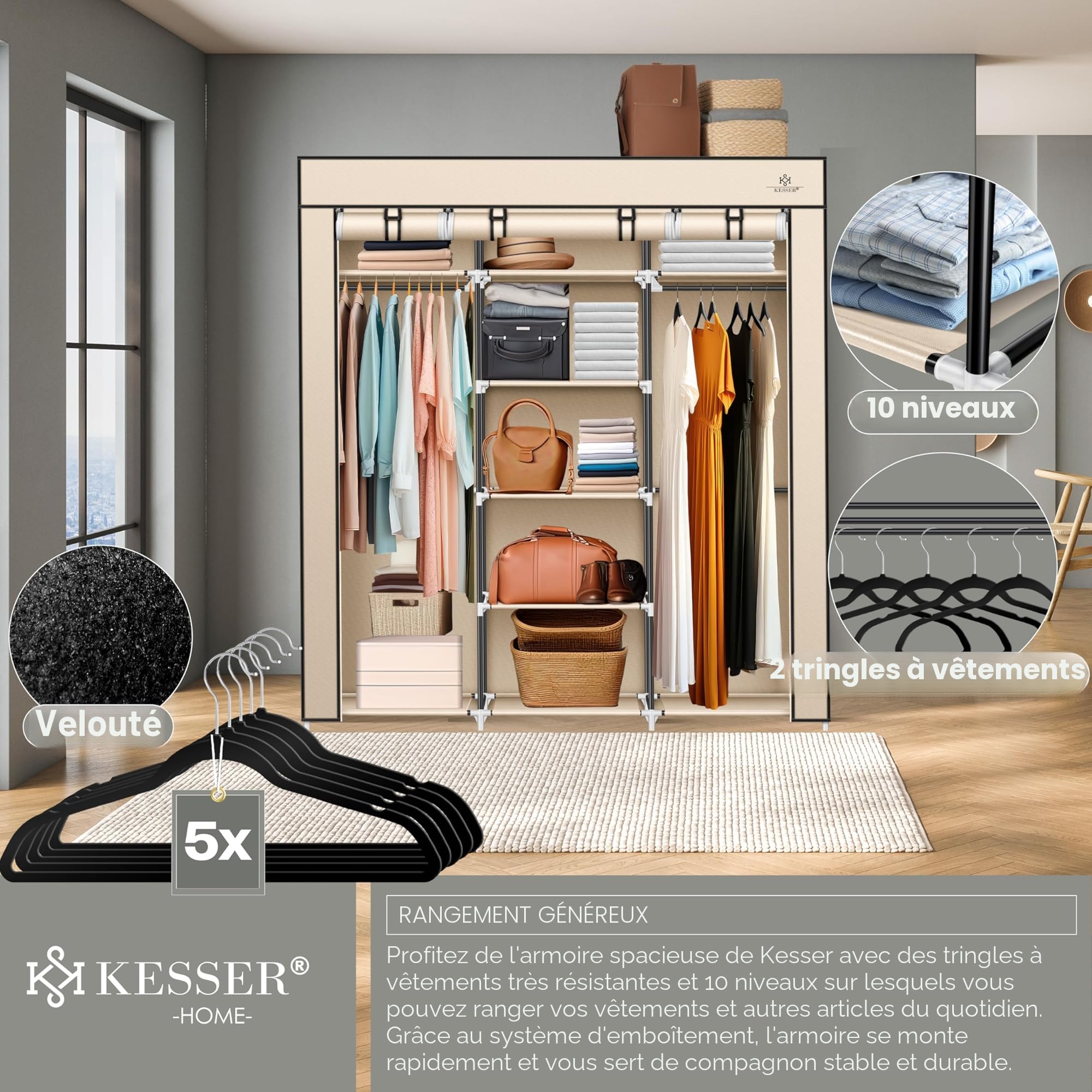 KESSER® Armoire en Tissu Solide avec Tringle à vêtements et étagères, 5 cintres Inclus, Armoire Pliante en Tissu pour Chambre à Coucher, Dressing avec Porte-Manteau 150 x 45 x 175 cm, Beige