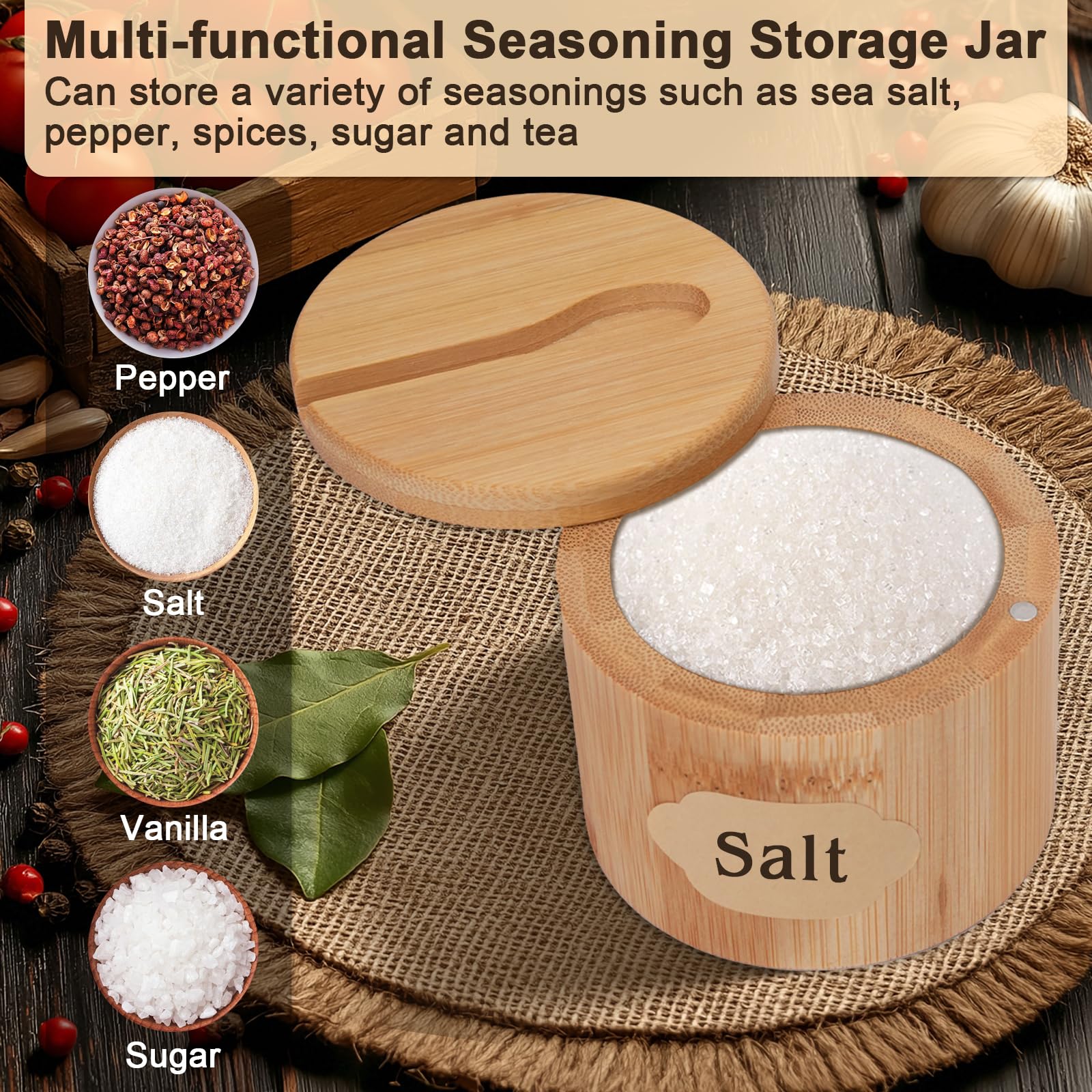 2 saleros con tapa y cuchara, recipiente de sal de madera para cocina, olla magnética pequeña, barril de sal, salero de bambú con etiqueta adhesiva, almacenamiento de sal y azúcar