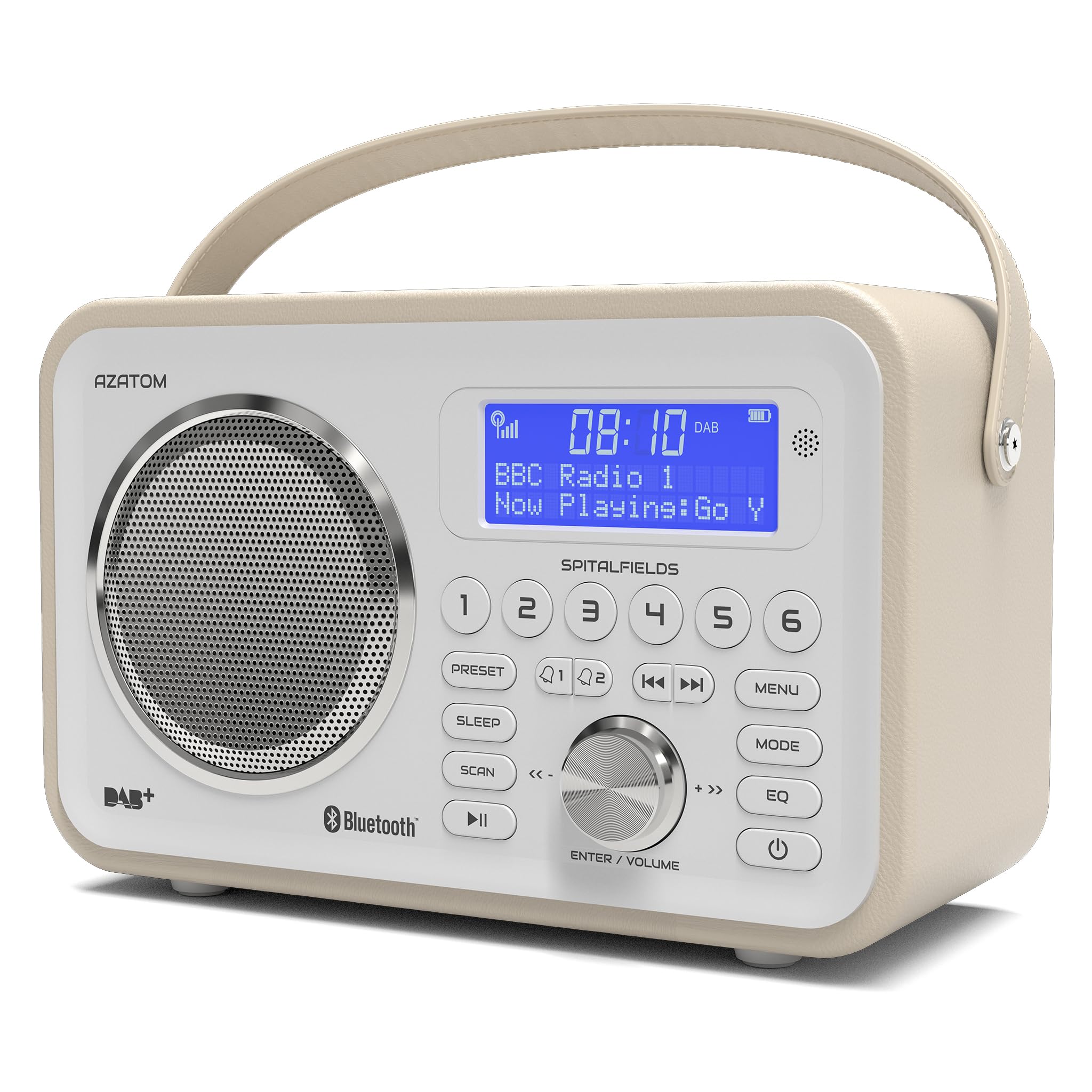 DAB/DAB+ & FM Portable Digital Radio | Leather Design | Bluetooth | Rechargeable Battery | Dual Alarms & Sleep Timer | Perfect for Home, Office or Outdoors | AZATOM Spitalfields 2 (White)