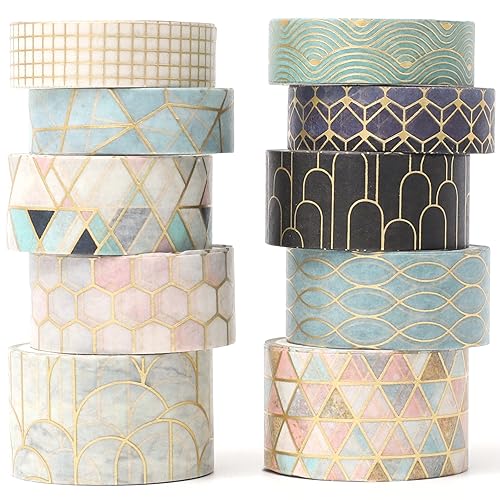 YUBX Creative Washi - Juego de 10 rollos de cinta adhesiva decorativa de papel de aluminio dorado para arte, manualidades, diarios, planificadores,