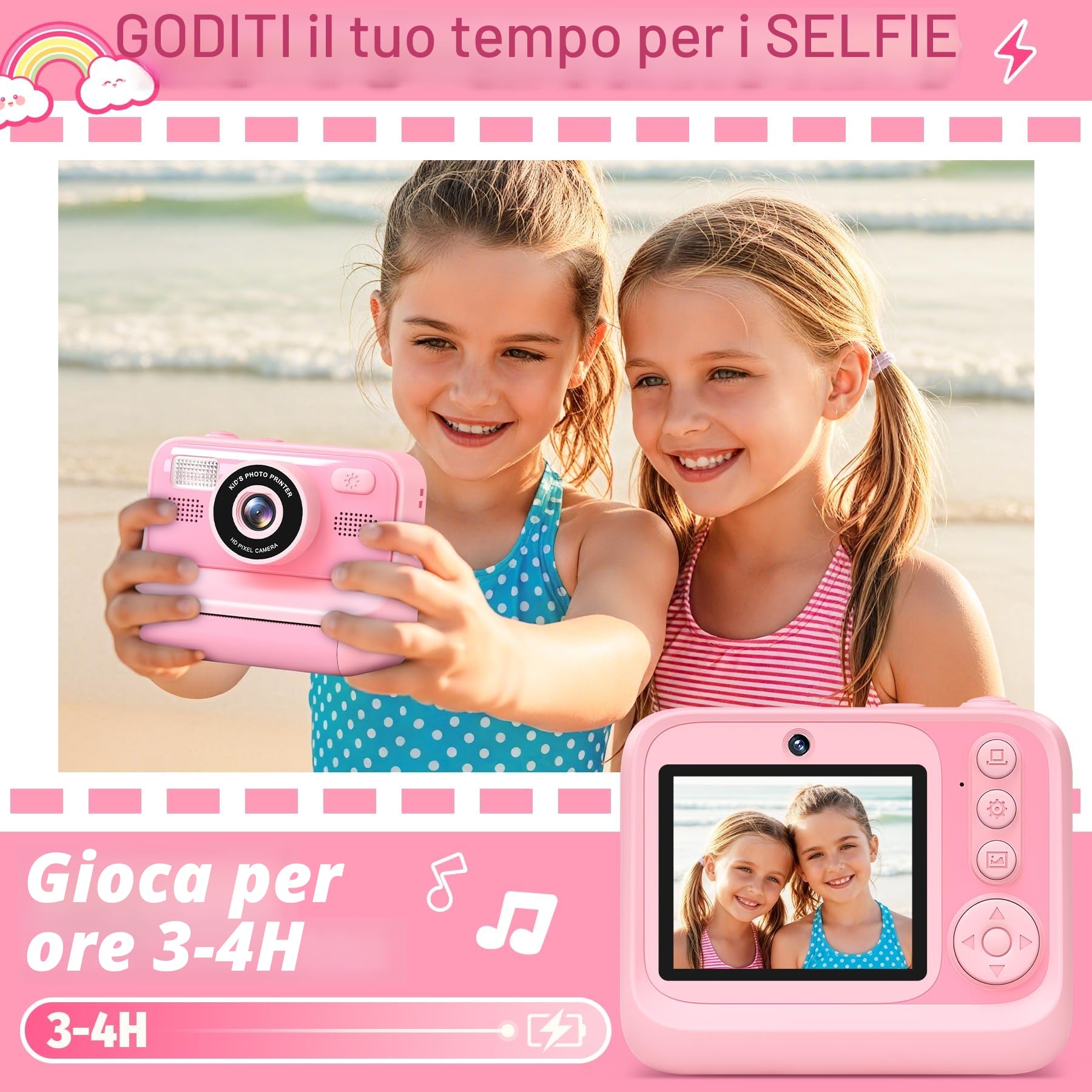 Macchina Fotografica Bambini, 2.4" HD Selfie Fotocamera Bambini con Scheda da 32 GB e 3 Rotoli di Carta da Stampa, Giochi Regalo Natale bambini bambino Nero digitale(Rosa)