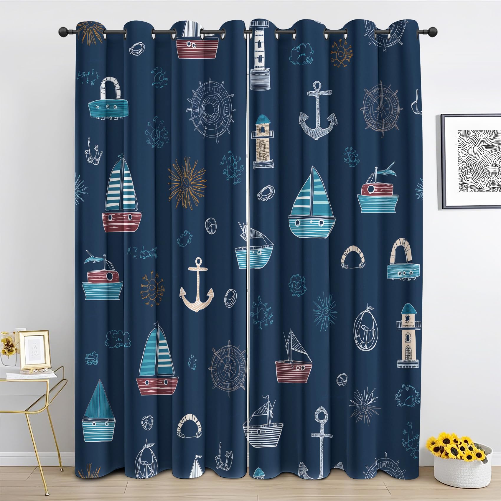 Cartoon Nautical Curtains, Sailboat Anchor Eyelet Curtain 54 Inch Long, Kids Boys Blackout Curtains for Bedroom Living Room, Thermal Insulated Drapes 2 Panels