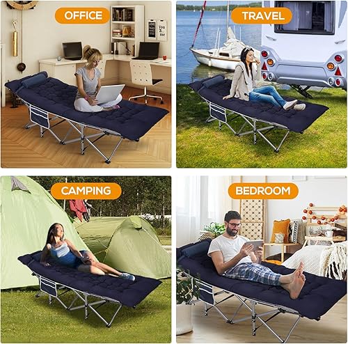 Miniatura 7 de LOENIY Catres plegables para acampar con almohada y colchón extra grueso, catres para dormir de 900 libras, cama de campamento para adultos con