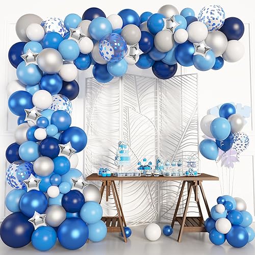 Amandir Kit de guirnalda de arco de globos azul marino, 144 globos de papel de aluminio de confeti azul claro real con estrella plateada para niños