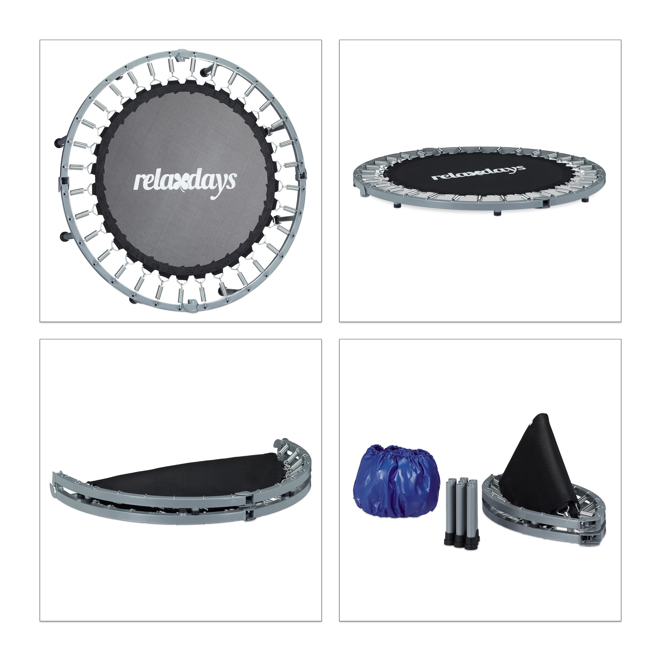 Relaxdays Trampoline intérieur pliable bleu-noir fitness gym musculation HxlxP: 22 x 95 x 95 cm charge maximale 100 kg, bleu-noir