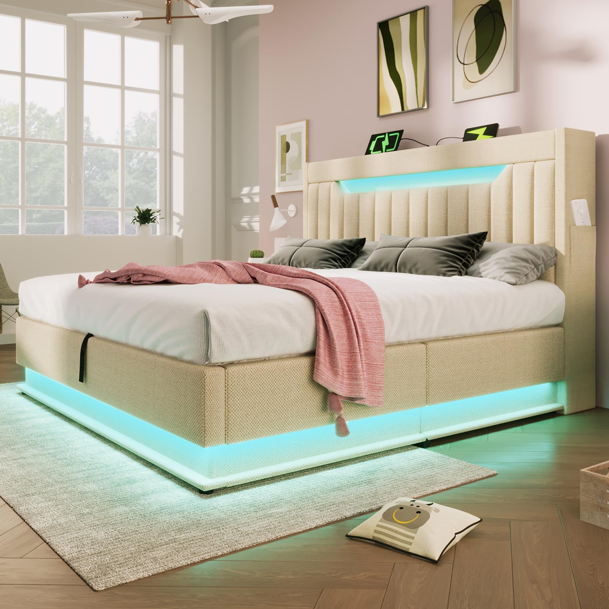 Letto imbottito 180x200 cm, letto matrimoniale con contenitore idraulico e illuminazione a LED, letto contenitore, testiera con vano portaoggetti e funzione di ricarica USB e USB-C, tessuto di