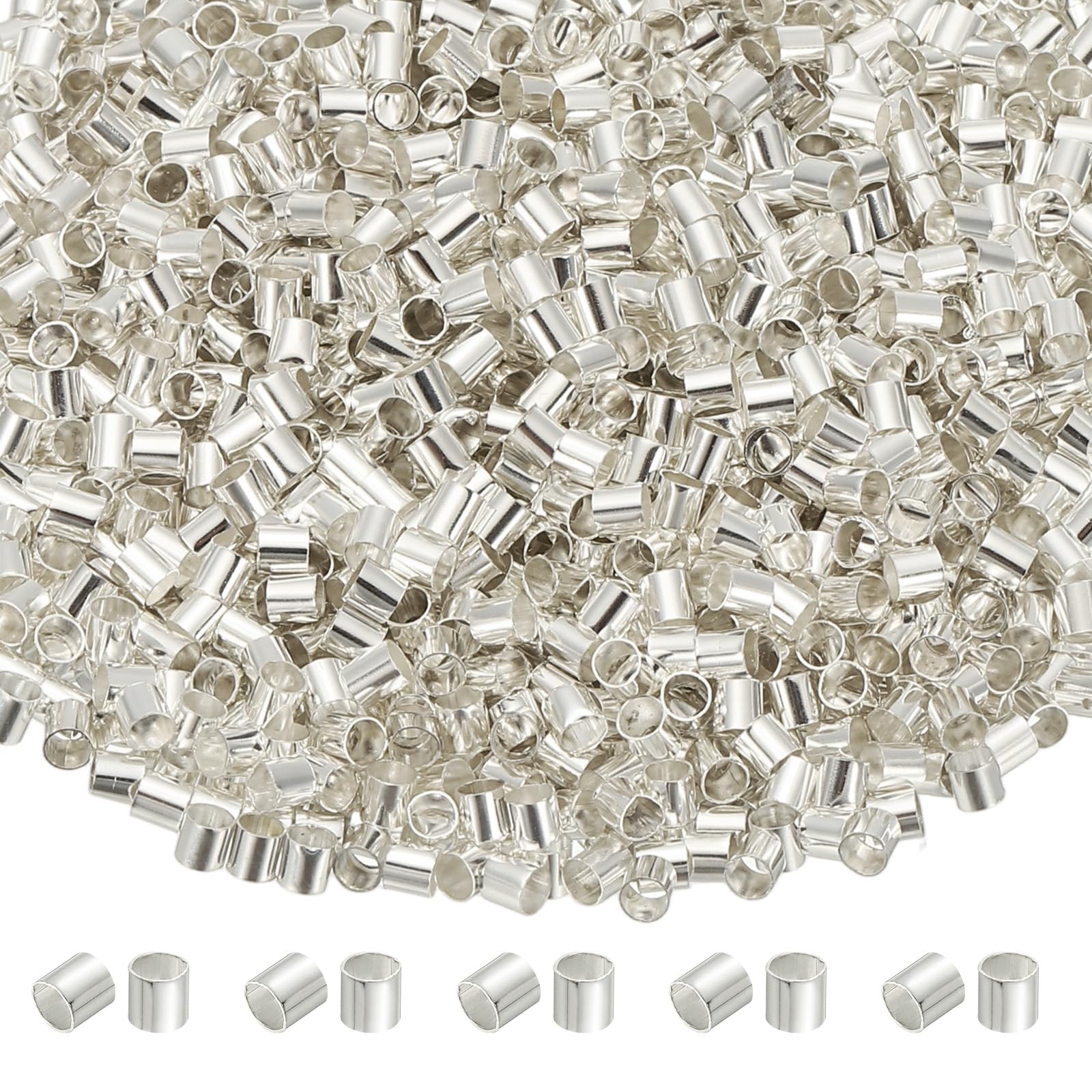 sourcing map 2000 Pcs Tube Crimp Beads, 2.5x2.5mm Copper Crimp Beads End Stopper Bead Tiny Loose Spacer Bead for Earrings Necklaces Bracelets Pendant DIY Crafts, Silver