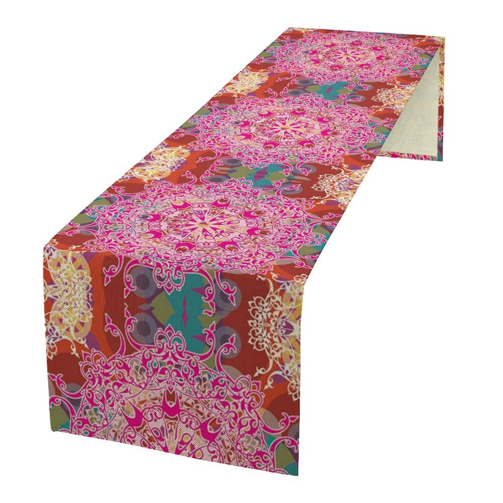 Red Pink Mandala Table Runner Retro Ethnic Floral Rustic Boho Oriental Flower Dinner Runner Seasonal Dining Table Decor Farmhouse Home Kitchen Holiday Party 13x120in