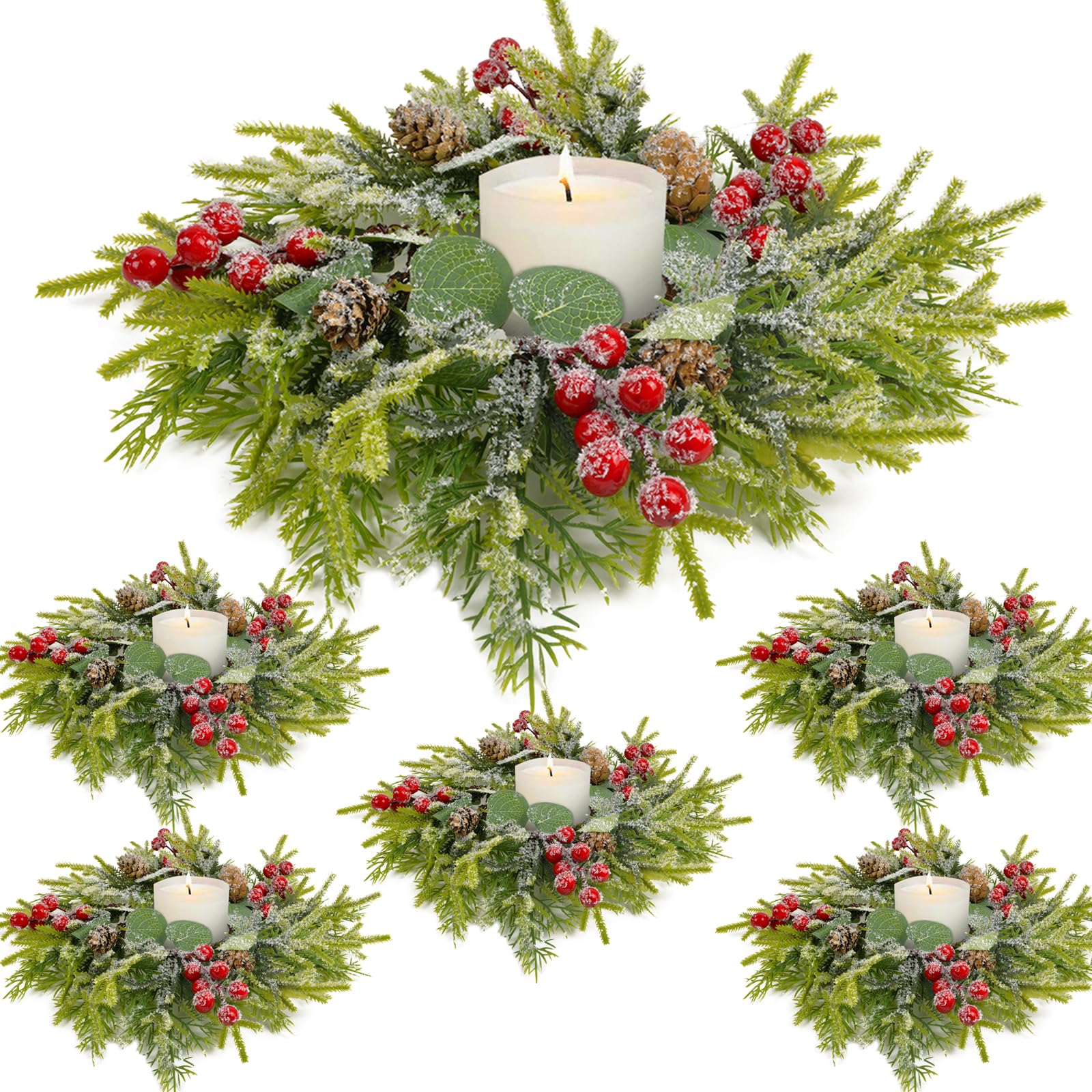Christmas Candle Rings Wreath - 3.5" 6PCS, Table Centerpieces, Norfolk Pine Red Berry Pinecones, Holder Table Decorations, Small Pine Garlands for Home Holiday Wedding
