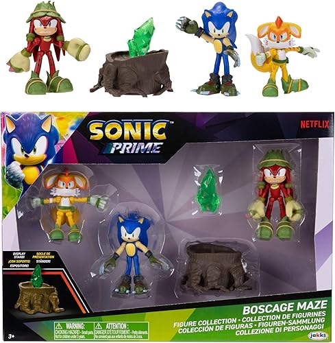 Sonic Prime - Figuras de acción de 2.5 pulgadas con temática de laberinto de jaula de Bos, 5 piezas Sonic, nudillos retorcidos, colas de mangey,