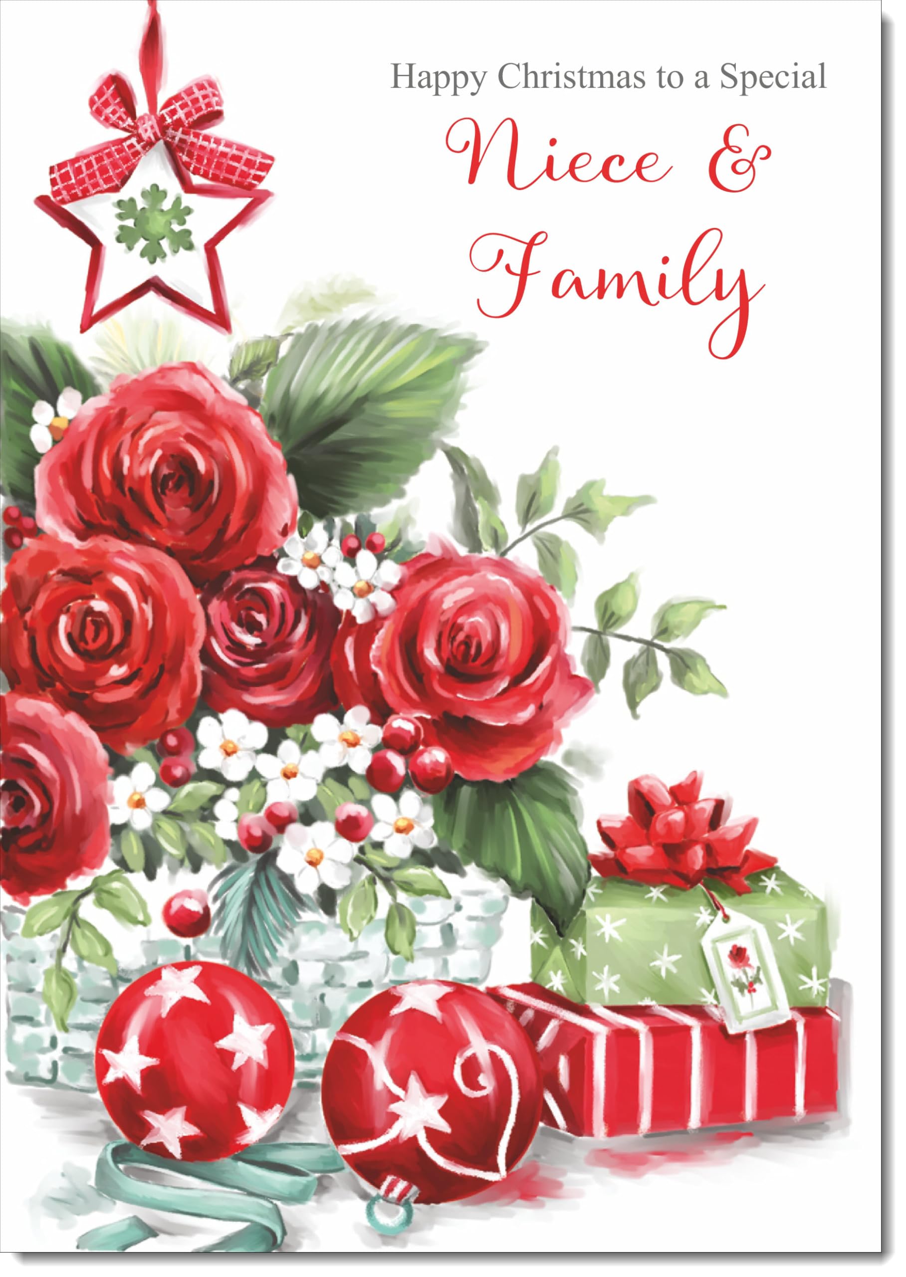 doodlecards Niece and Family Christmas Card Red Flowers Large A4 Size Christmas Card for Niece & Family with Plain Envelope