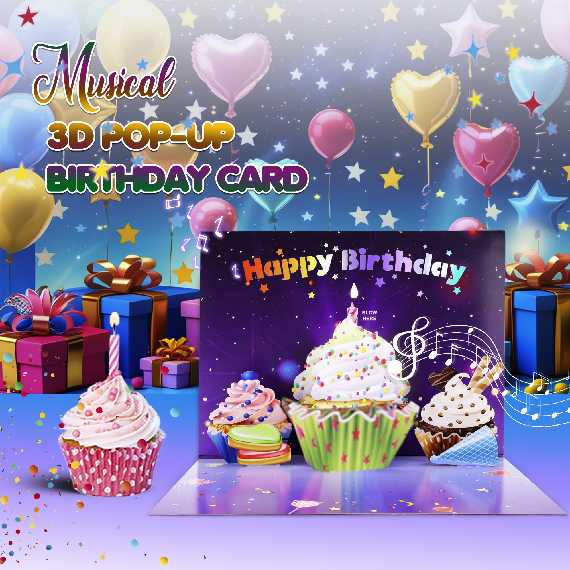 Tarjeta de feliz cumpleaños 3D emergente | Tarjetas de felicitación con luces musicales | Soplar la vela | Tarjeta desplegable de pastel de magdalenas | Reproduce una canción de feliz