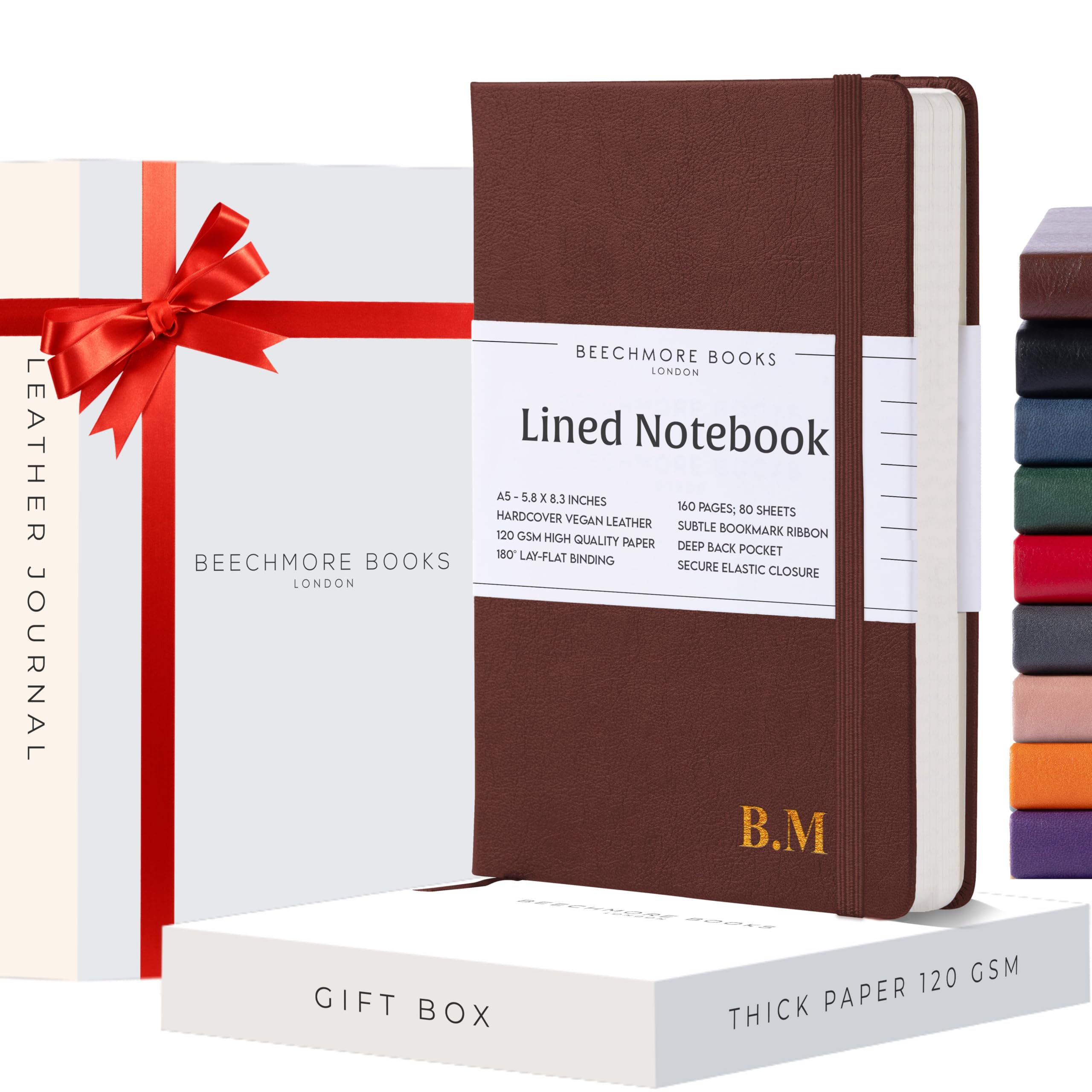 Beechmore Books Ruled Journal Notebook - A5 Brown 160 Lined Pages 8.3 x 5.8 inch | Monogram Leather Daily Journals For Writing - Thick 120gsm Cream Paper | Gifts for Men, Women — image 1