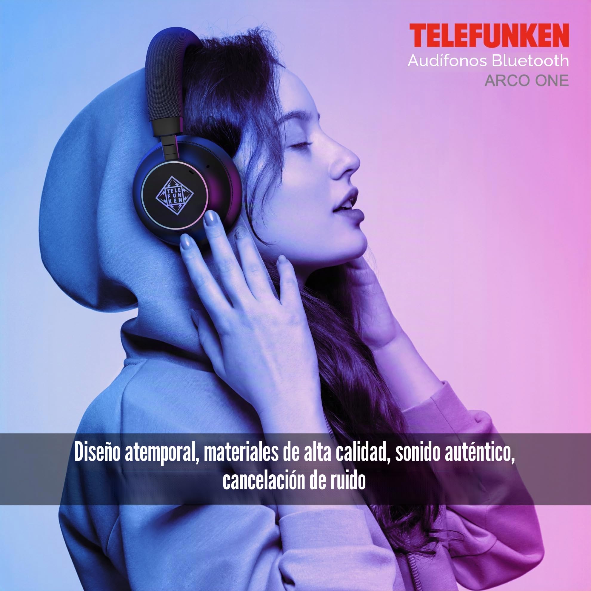 TELEFUNKEN ARCO ONE Auriculares Bluetooth Over-Ear con ANC y micrófono, Multipoint, 30 h de batería (22 h con ANC), controladores de 40 mm, 32 Ω, AUX/3,5 mm y USB-C, IPX3, 220 g, almohadillas