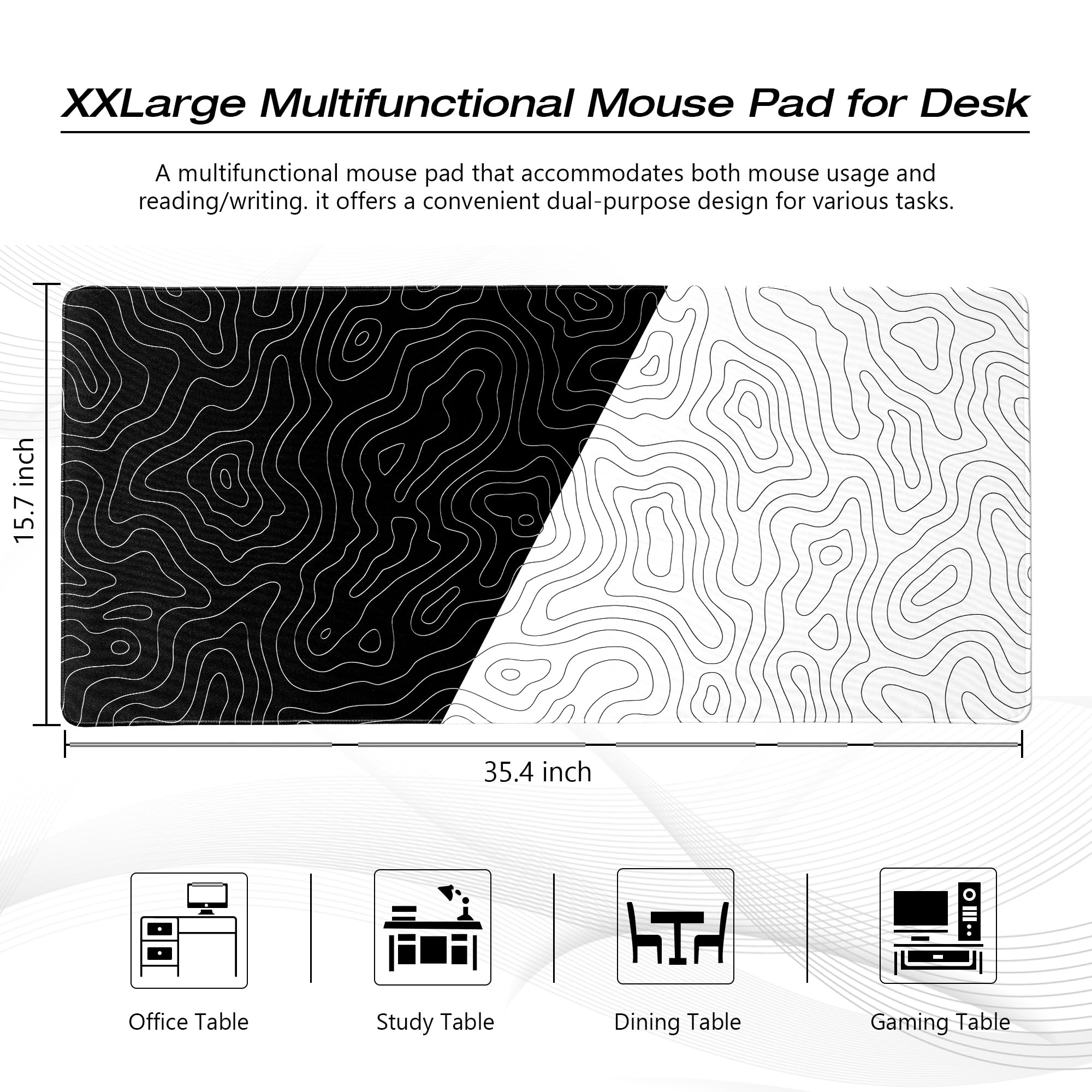 Alfombrilla de mouse grande para juegos, alfombrilla de mouse topográfica XXL negro/blanco de 35.4 x 15.7 pulgadas, almohadilla de escritorio impermeable, base de goma antideslizante, alfombrilla para
