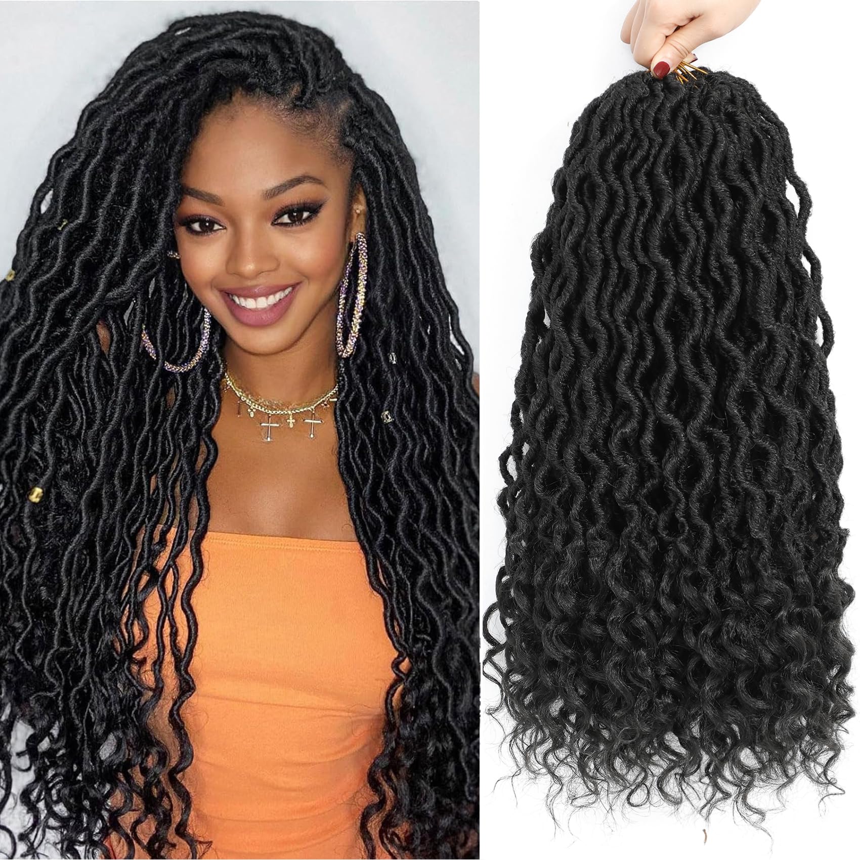 Karida Faux Locs Crochet Hair 18 Inch, 8 Packs Pre Looped Goddess Locs Crochet Hair, Wavy Crochet Faux Locs With Curly Ends, Boho Faux Locs Crochet