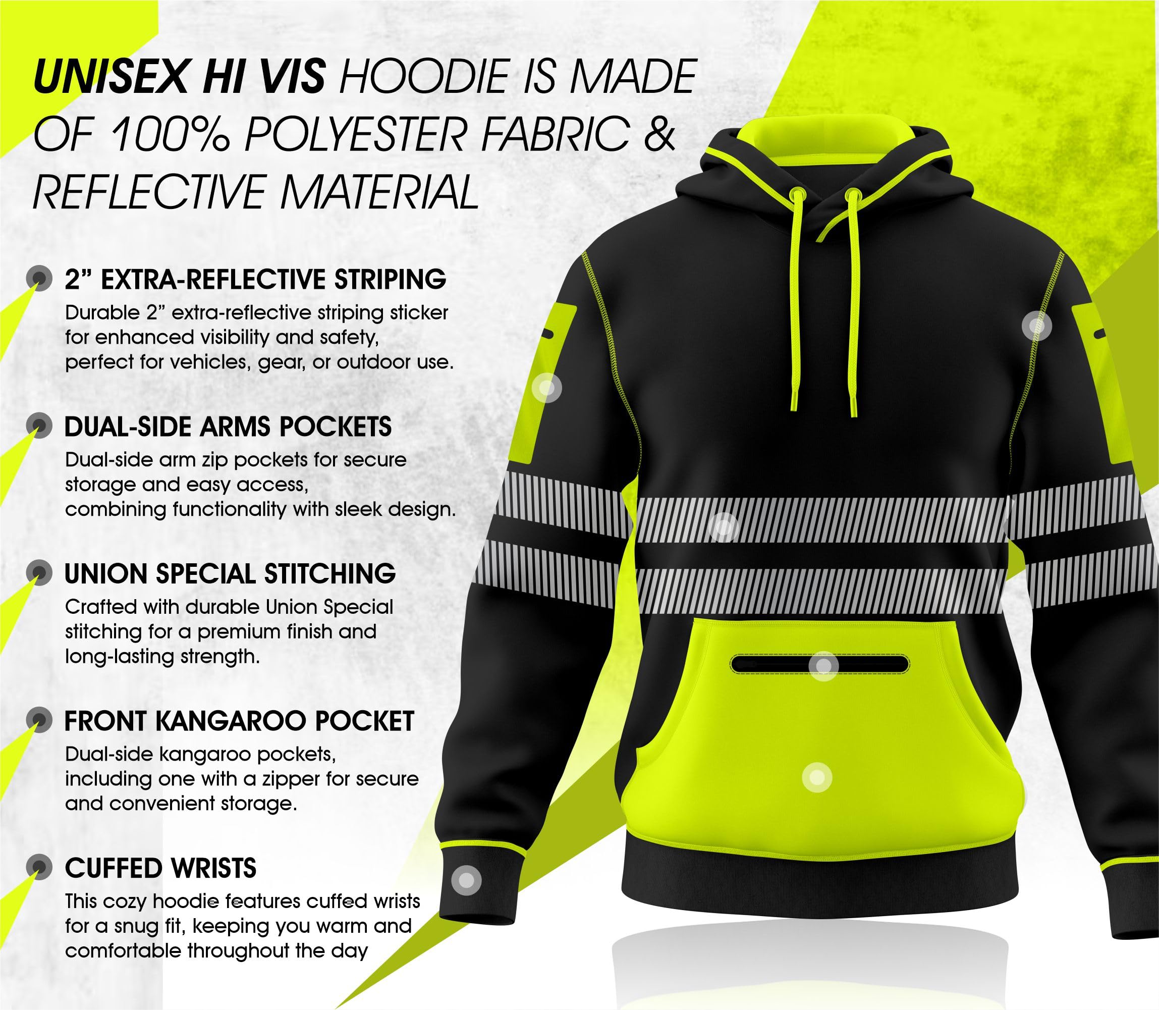mymixtrendz Sudadera unisex con capucha para hombre y mujer, cinta reflectante, cordón de seguridad, bolsillos con cremallera, alta visibilidad, alta visibilidad, con capucha