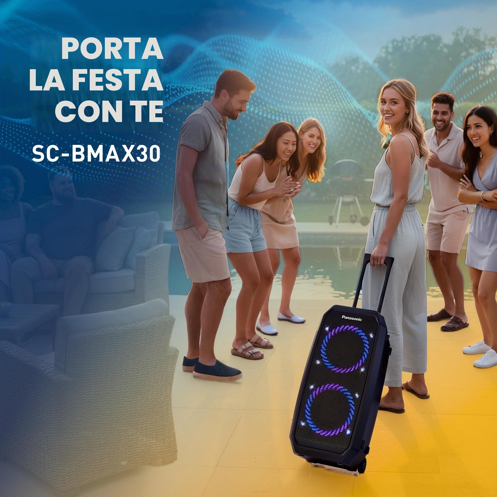 Panasonic SC-BMAX30 Altoparlante Portatile per Feste Bluetooth, Luci Integrate, Porta Bass Reflex, 320W, 14h Autonomia, USB, IPX4, Ingressi Chitarra e Microfono per Karaoke, Nero