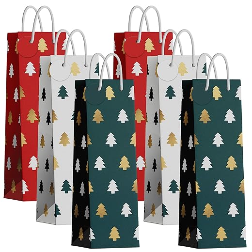 Christmas Wine Gift Bags - Set of 6 - Xmas Tree Wine Gift Bags + Name Tags. Red, Green, & White Bags with Metallic Gold Foil - Gift Bags Perfect for Wine Bottles, Whiskey, Spirits and more! - Set of 6