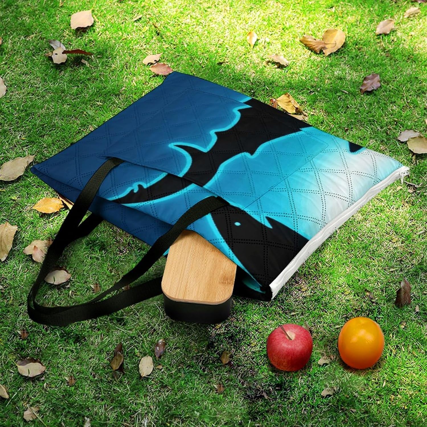 Form Circle Floating Sharks Picnic Blanket 150x150cm, Foldable 2-in-1 Picnic Mat and Tote Bag Portable Waterproof Beach Mat Sandproof Outdoor Blanket for Park, Hiking, Beach, Camping, Travel