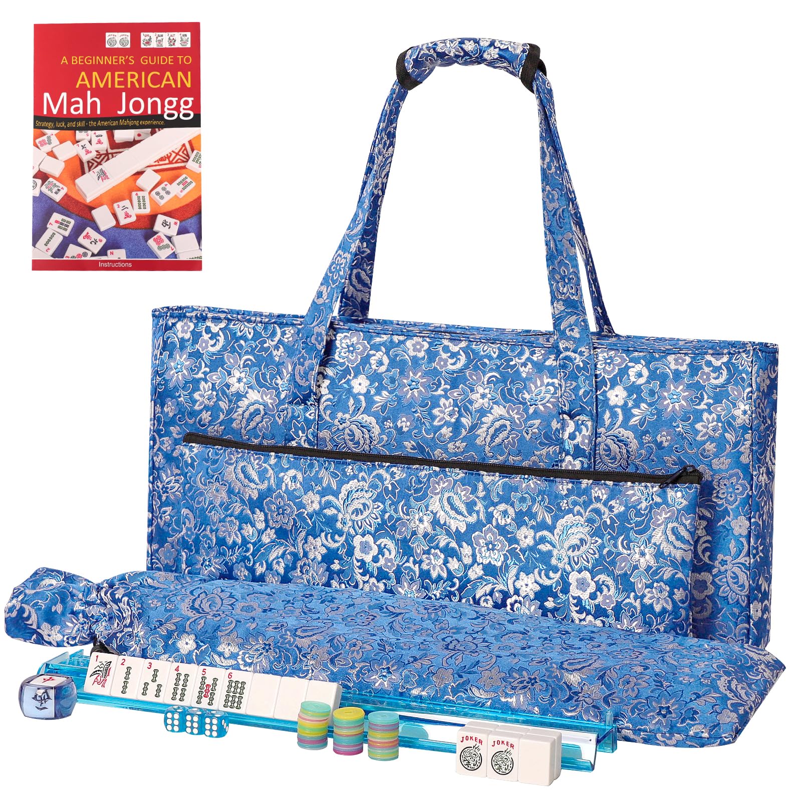 American Mahjong Game Set, 166 White Tiles, Dark Blue Bag with Entire Accessories, 4 All-in-One Rack/Pushers, Mahjong Tiles Set, Western Mah Jongg