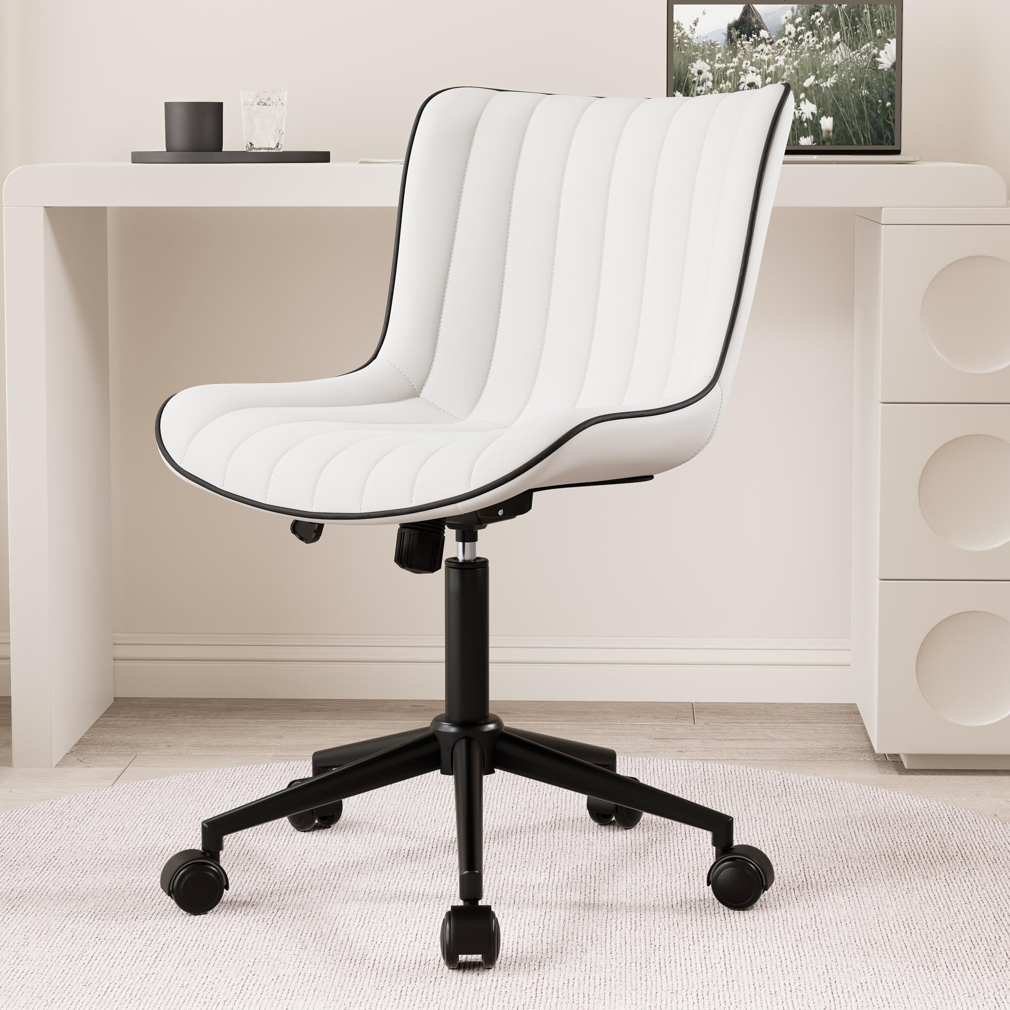 Kidol & Shellder White Leather Home Office Desk Chair with Wheels Modern Cute Armless Executive Swivel Vanity Chair with Comfy Padded Back Ergonomic