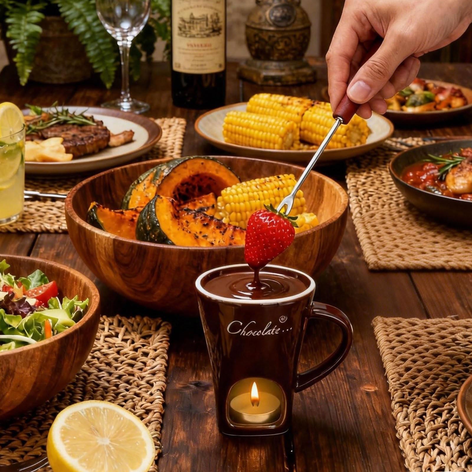Taza de cerámica para fondue de chocolate, 130 ml, con portavelas y tenedores, fondue de chocolate, juego de fondue de chocolate, juego de fondue de chocolate, cazo para chocolate y queso, mantequilla